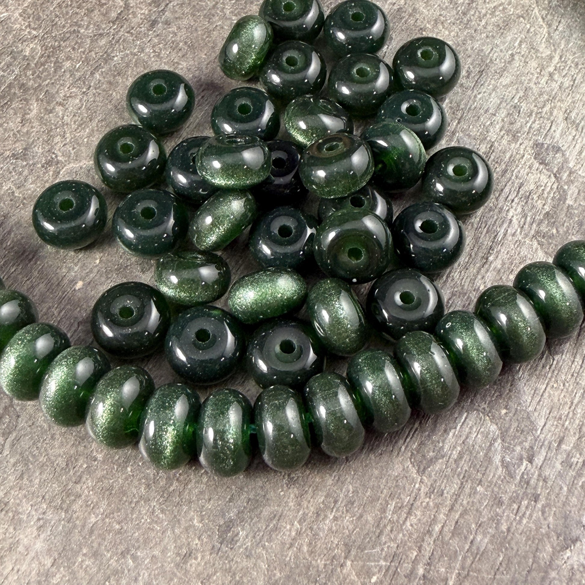 Glass Beads - 8x5mm Rondelles, Dark Forest Green Cat's Eye * 7" Strand