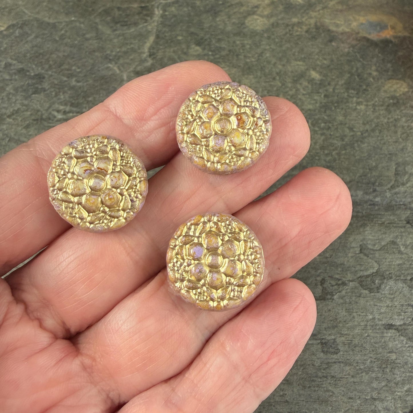 Czech Glass Beads - 18mm Floral Theme Coin, Opaque Mauve with Gold Wash (POSY7) * Qty. 4