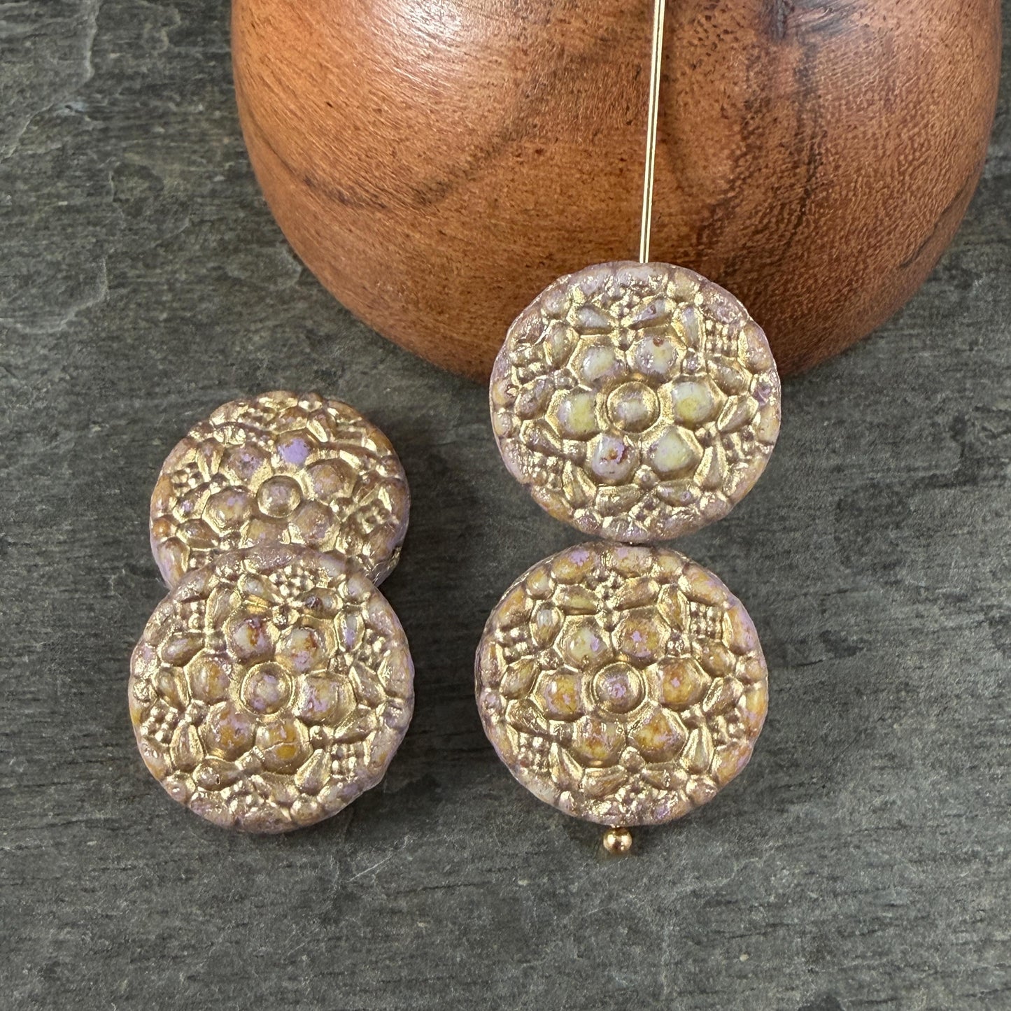 Czech Glass Beads - 18mm Floral Theme Coin, Opaque Mauve with Gold Wash (POSY7) * Qty. 4