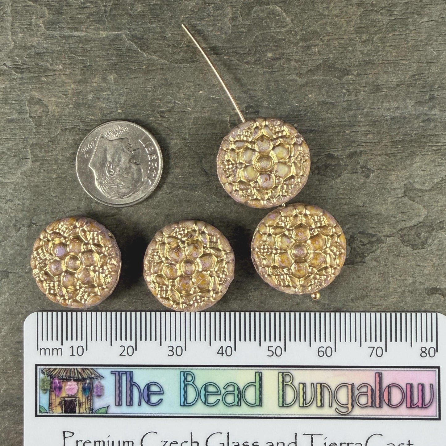 Czech Glass Beads - 18mm Floral Theme Coin, Opaque Mauve with Gold Wash (POSY7) * Qty. 4