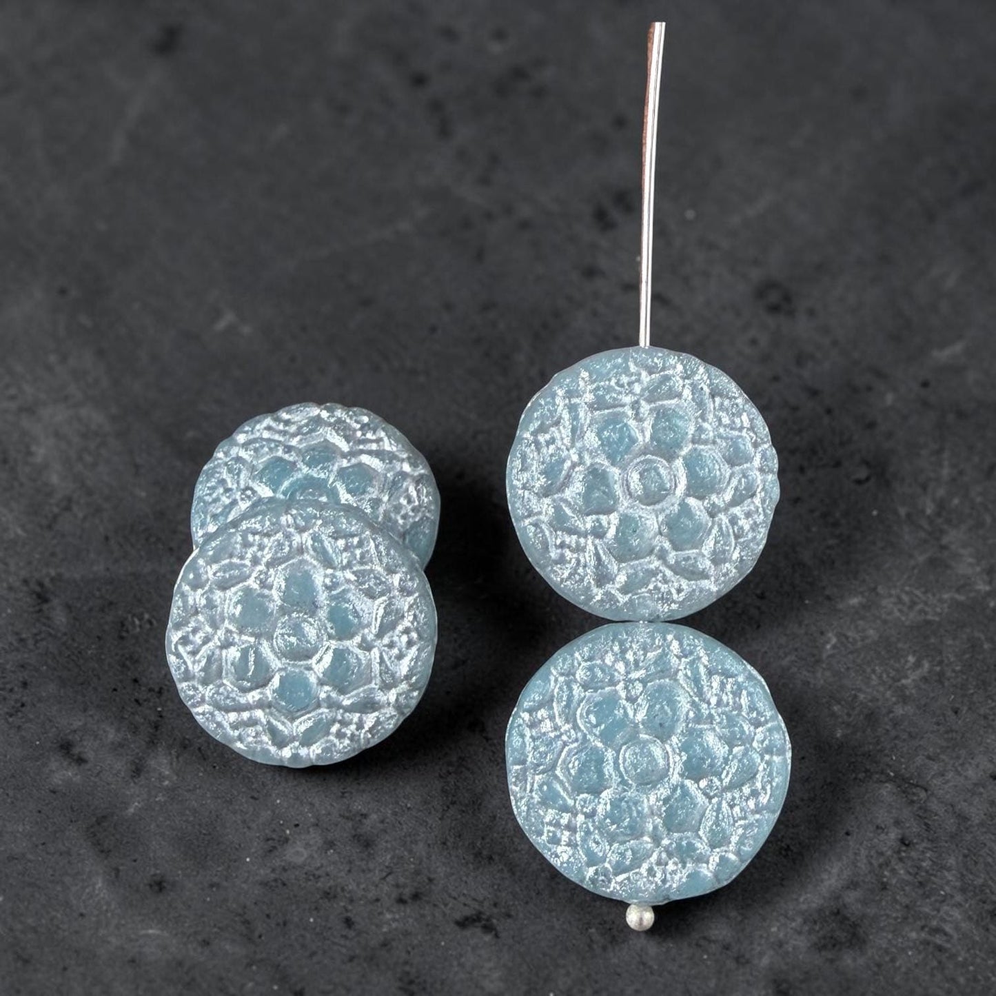 Czech Glass Beads - 18mm Floral Theme Coin,Light Sapphire Blue with Silver Wash (POSY12) * Qty. 4