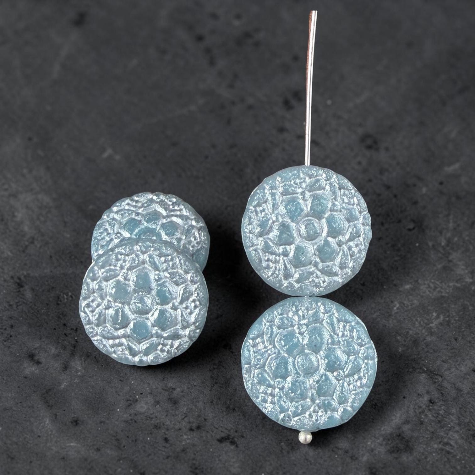 Czech Glass Beads - 18mm Floral Theme Coin,Light Sapphire Blue with Silver Wash (POSY12) * Qty. 4