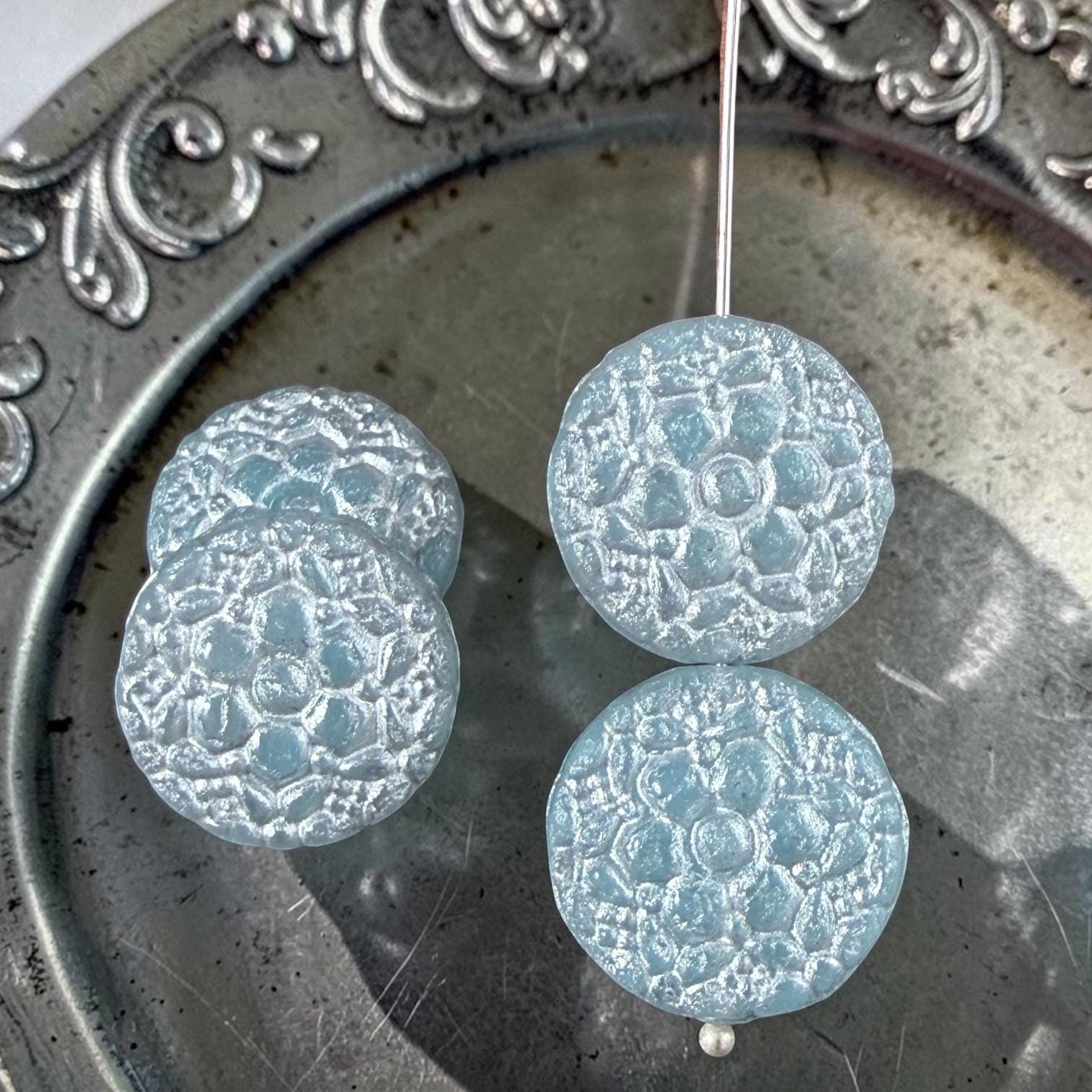 Czech Glass Beads - 18mm Floral Theme Coin,Light Sapphire Blue with Silver Wash (POSY12) * Qty. 4