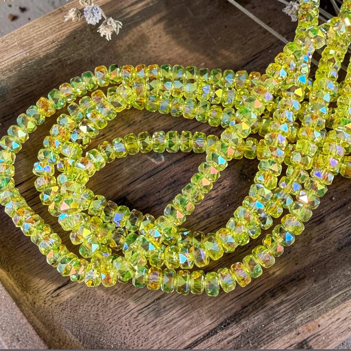 Faceted Glass Beads - 4x2.5mm Heishi Rondelles, Bright Yellow with AB Finish (CT-C23AB) * 8" Strand