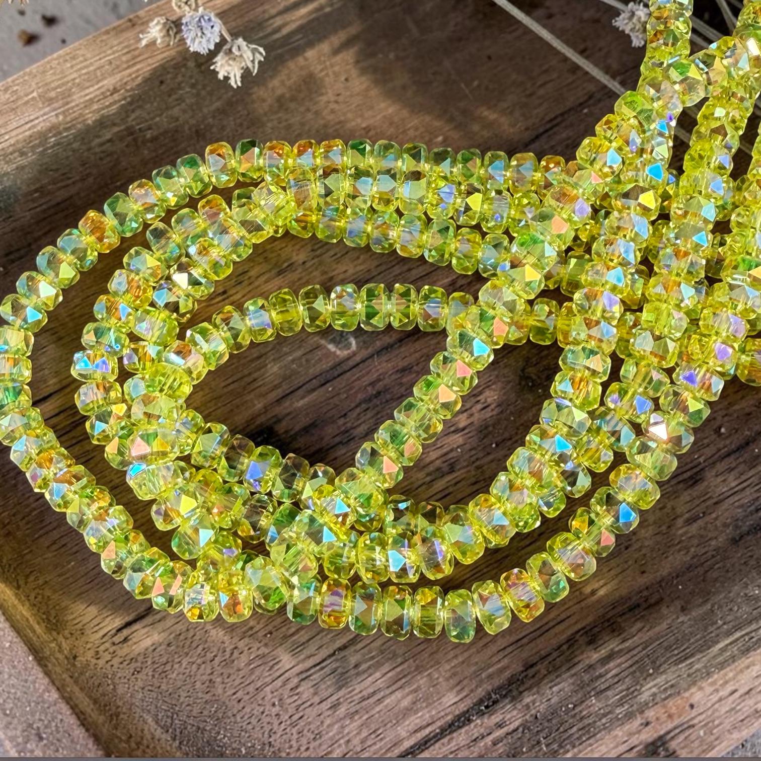 Faceted Glass Beads - 4x2.5mm Heishi Rondelles, Bright Yellow with AB Finish (CT-C23AB) * 8" Strand