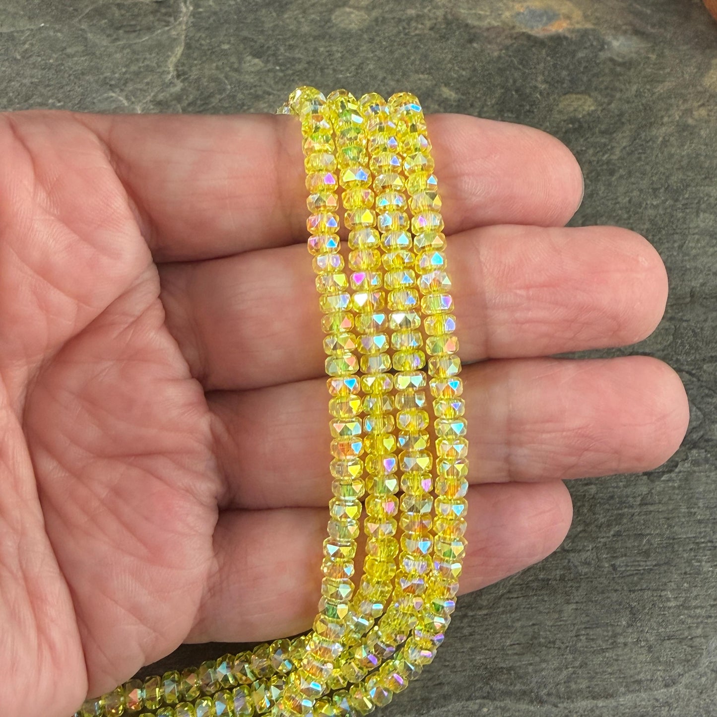 Faceted Glass Beads - 4x2.5mm Heishi Rondelles, Bright Yellow with AB Finish (CT-C23AB) * 8" Strand