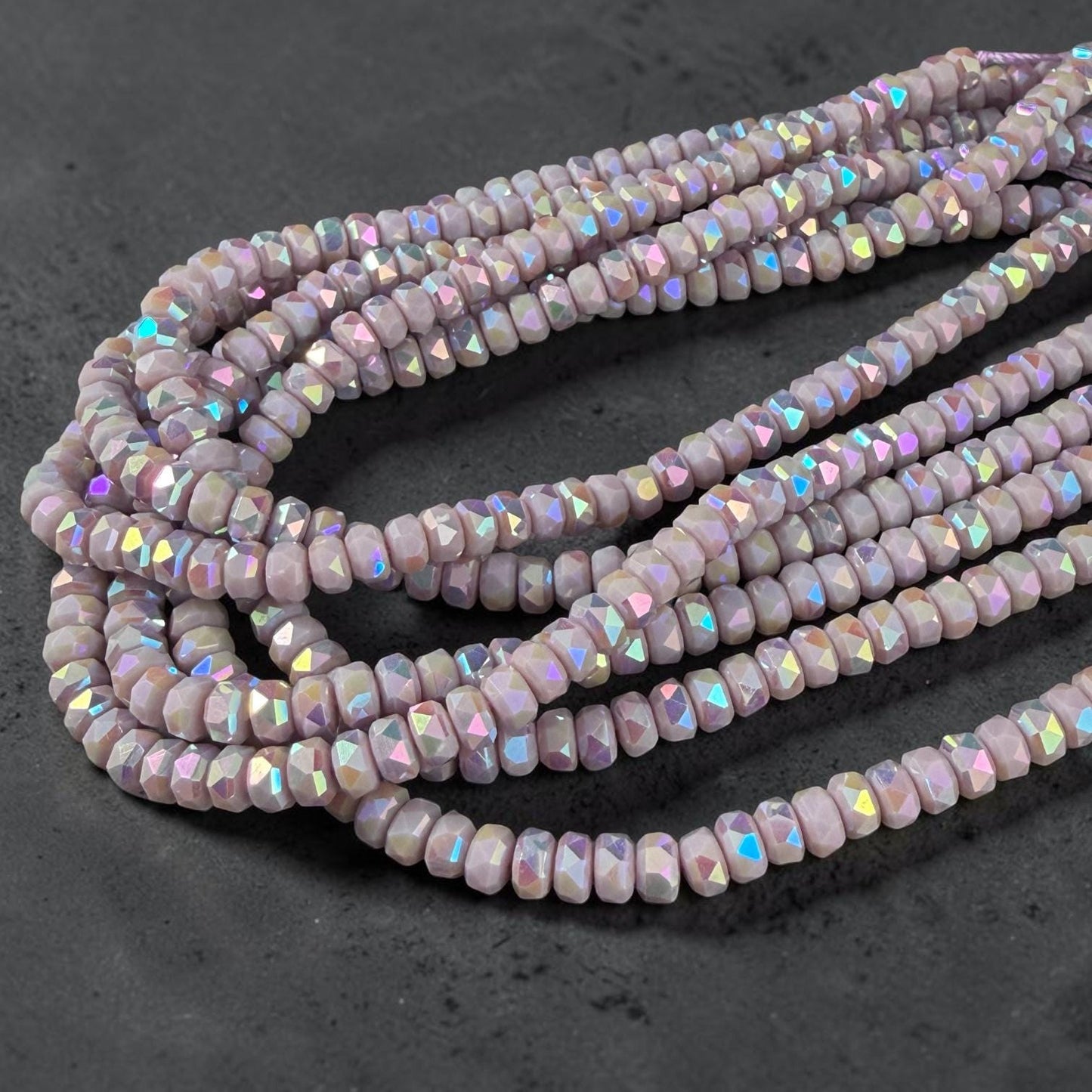 Faceted Glass Beads - 4x2.5mm Heishi Rondelles, Pale Lavender with Rainbow AB Finish (C532-AB) * 8" Strand