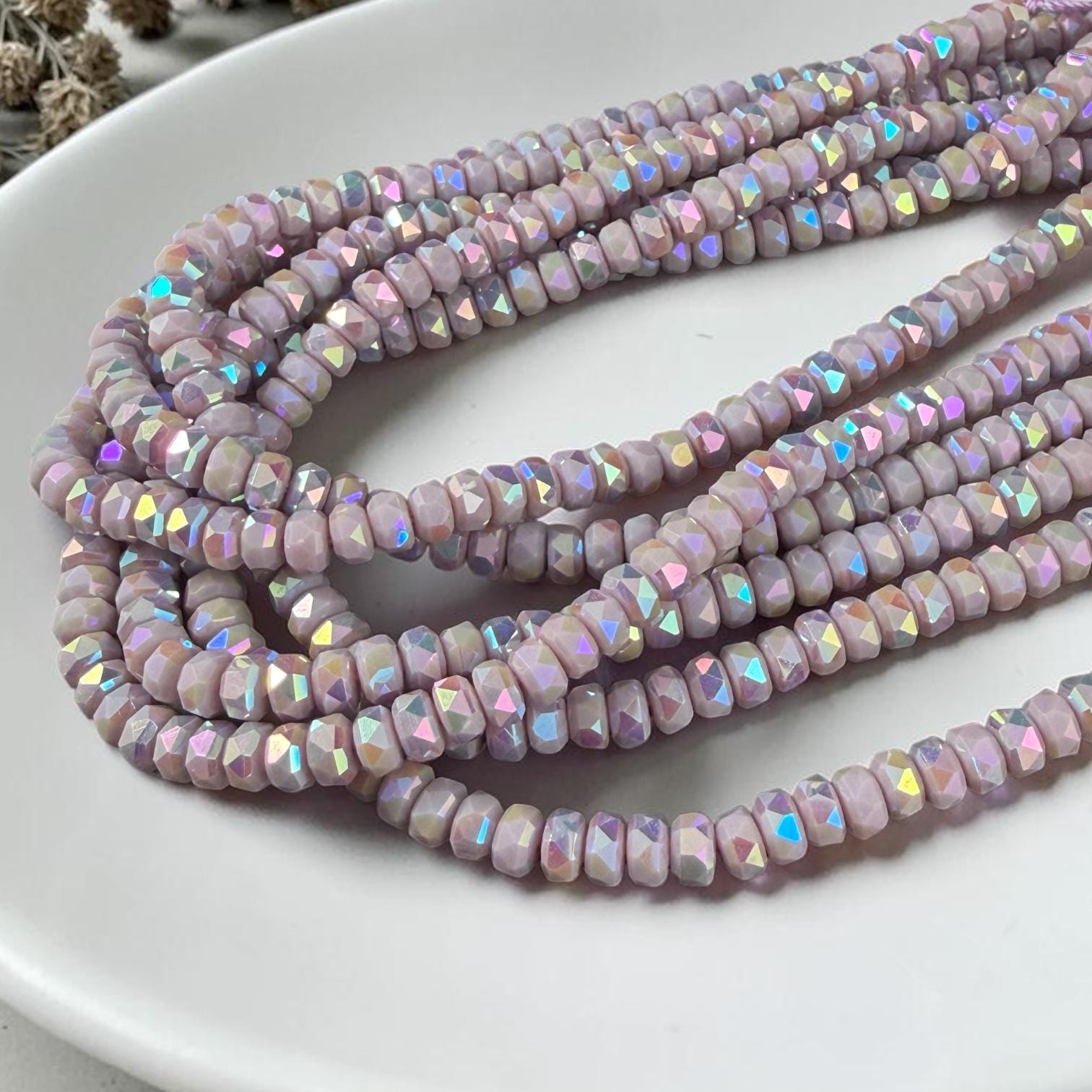 Faceted Glass Beads - 4x2.5mm Heishi Rondelles, Pale Lavender with Rainbow AB Finish (C532-AB) * 8" Strand