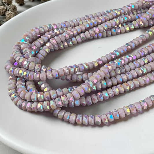 Faceted Glass Beads - 4x2.5mm Heishi Rondelles, Pale Lavender with Rainbow AB Finish (C532-AB) * 8" Strand