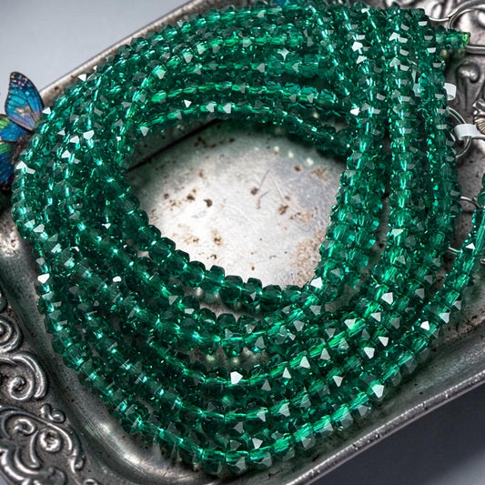 Faceted Glass Beads - 4x2.5mm Heishi Rondelles, Transparent Emerald Green (C539) * 8" Strand