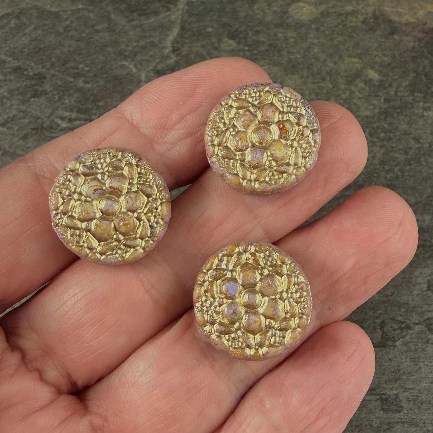 Czech Glass Beads - 18mm Floral Theme Coin, Opaque Mauve with Gold Wash (POSY7) * Qty. 4
