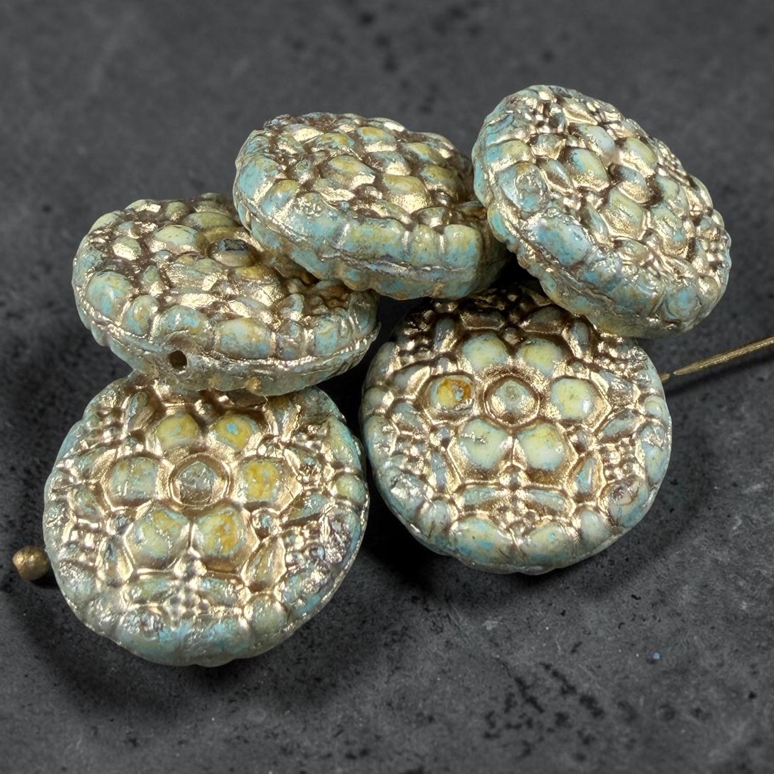 Czech Glass Beads - 18mm Floral Theme Coin, Seafoam Alabaster with Gold Wash (POSY11) * Qty. 4