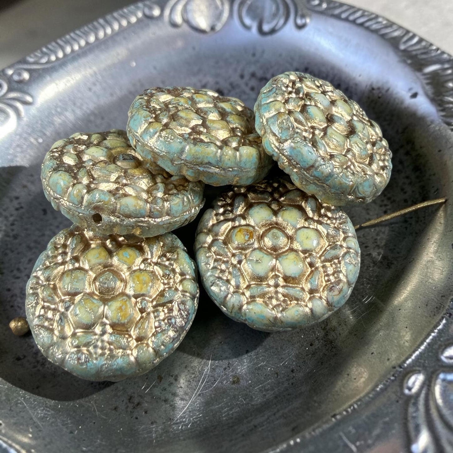 Czech Glass Beads - 18mm Floral Theme Coin, Seafoam Alabaster with Gold Wash (POSY11) * Qty. 4