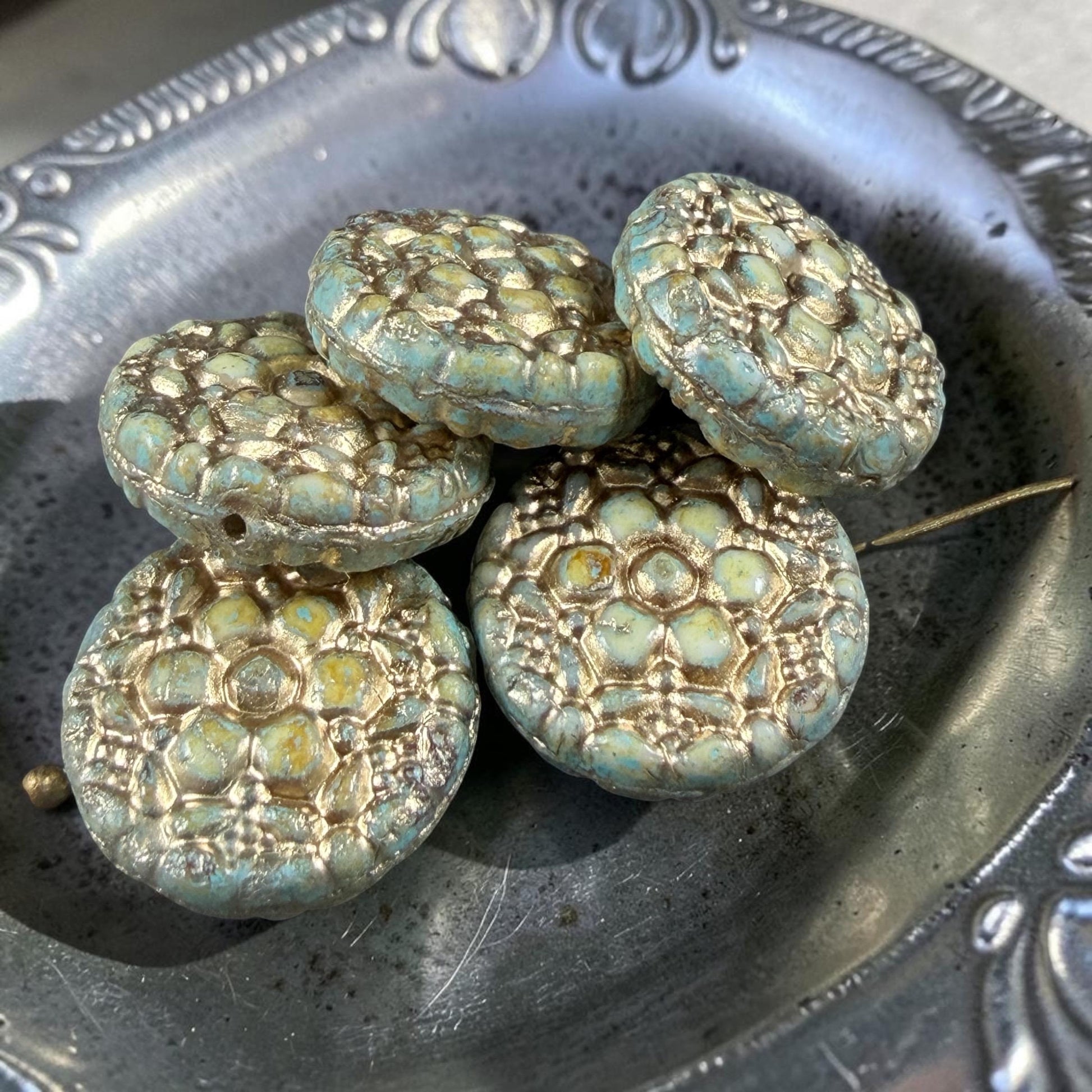 Czech Glass Beads - 18mm Floral Theme Coin, Seafoam Alabaster with Gold Wash (POSY11) * Qty. 4