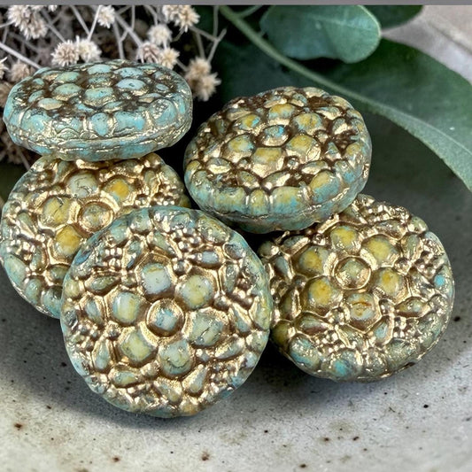 Czech Glass Beads - 18mm Floral Theme Coin, Seafoam Alabaster with Gold Wash (POSY11) * Qty. 4