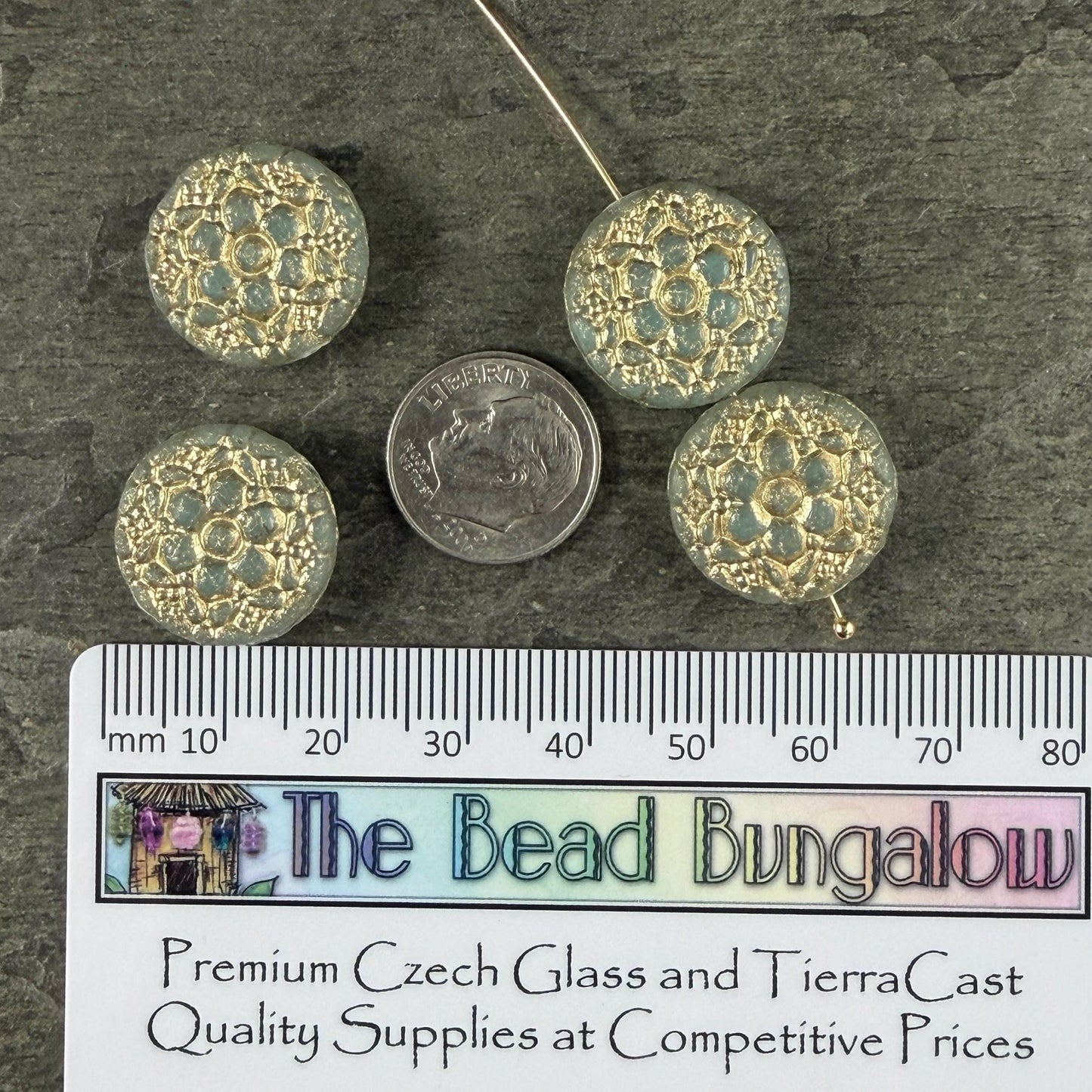 Czech Glass Beads - 18mm Floral Theme Coin, Pale Jade Green with Gold Wash (POSY10) * Qty. 4