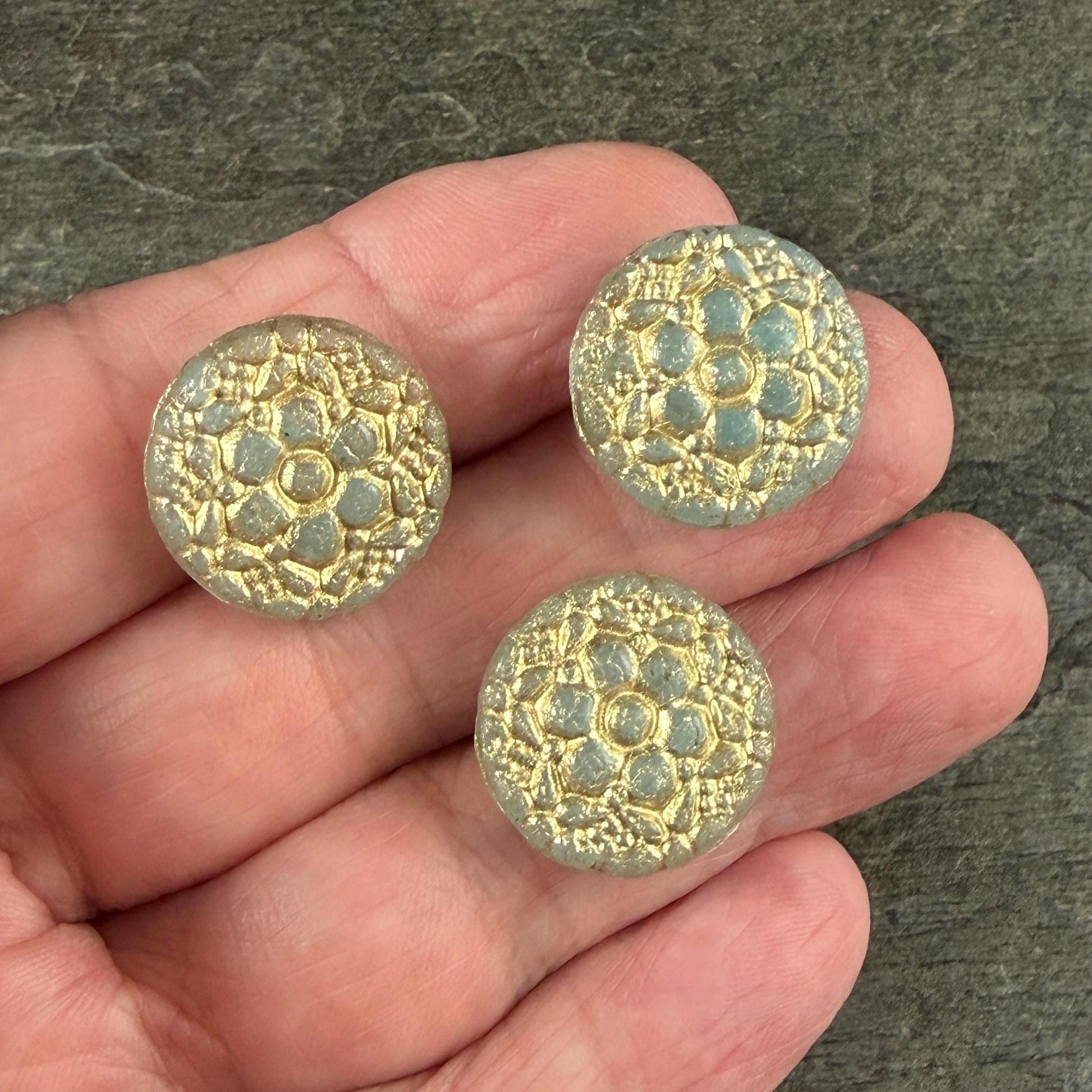 Czech Glass Beads - 18mm Floral Theme Coin, Pale Jade Green with Gold Wash (POSY10) * Qty. 4