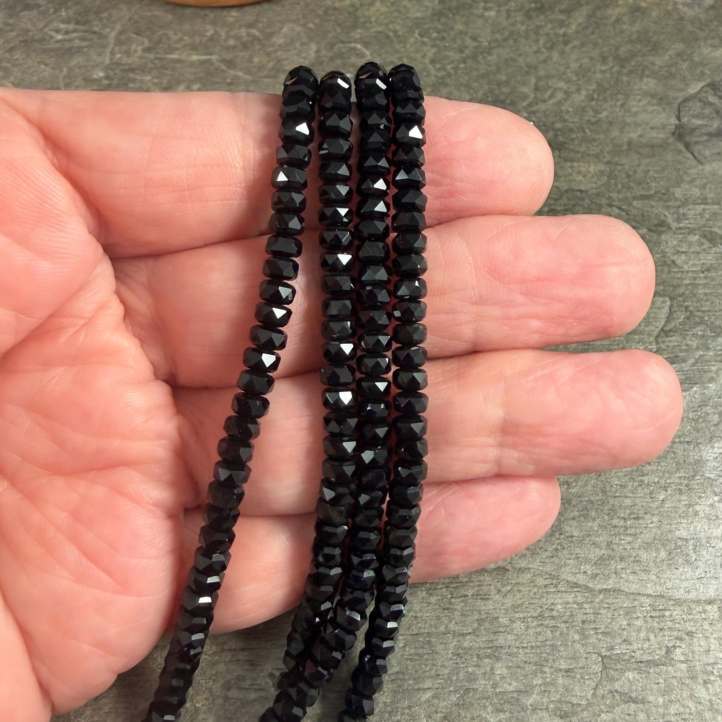Faceted Glass Beads - 4x2.5mm Heishi Rondelles, Jet Black, Opaque (CO1) * 8" Strand