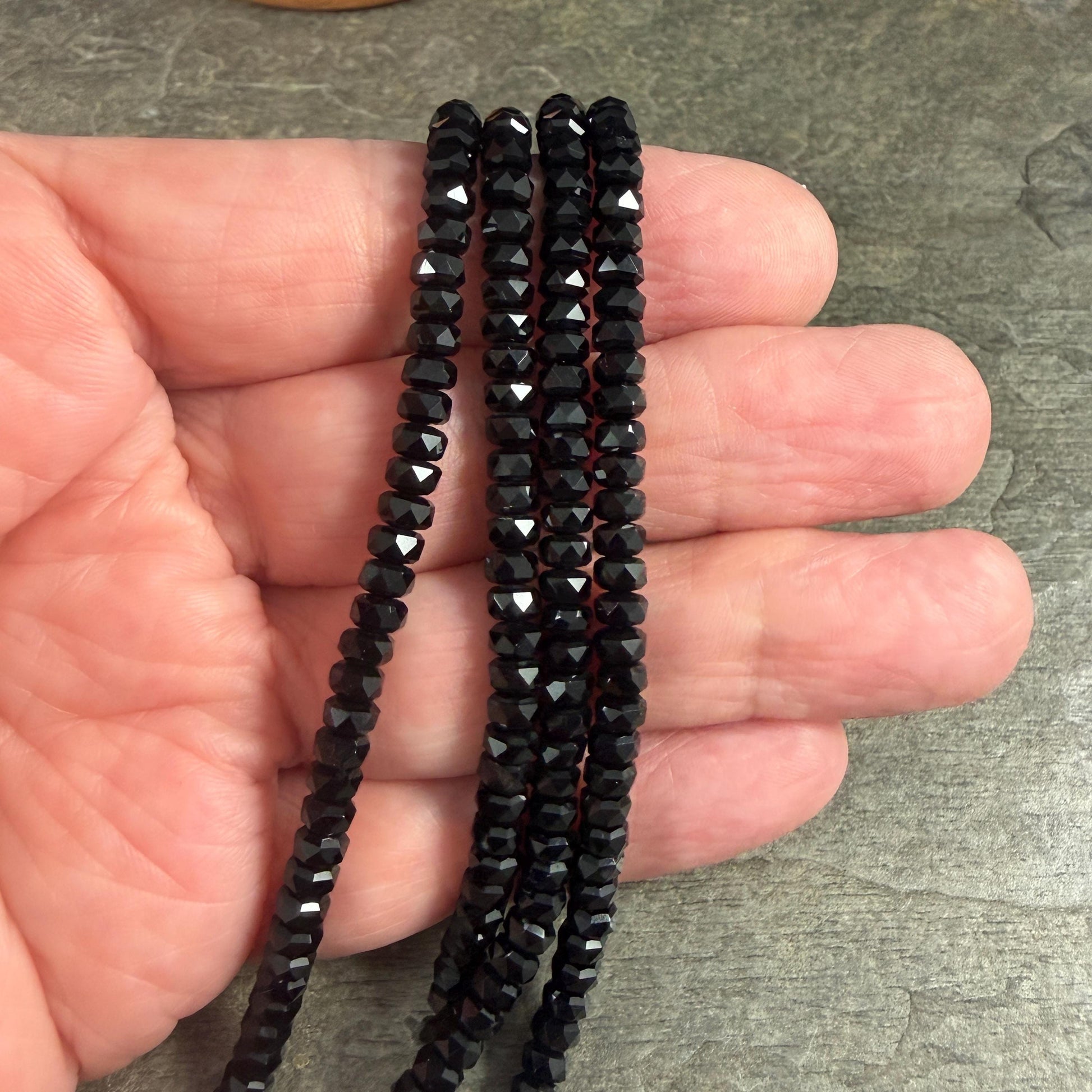 Faceted Glass Beads - 4x2.5mm Heishi Rondelles, Jet Black, Opaque (CO1) * 8" Strand