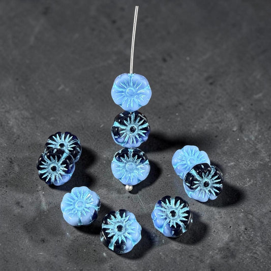 Czech Beads - 10mm Hibiscus, Light Blue and Black with Blue Wash (330133) * 20 Beads