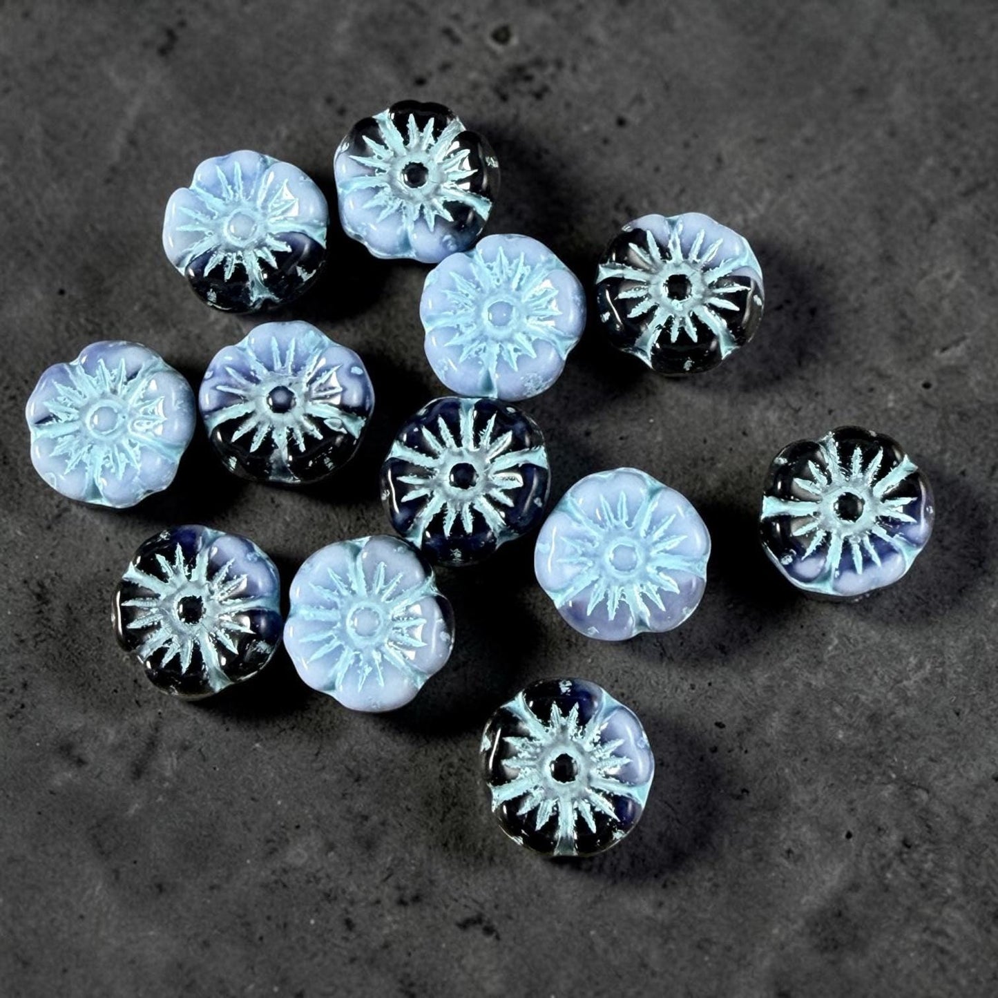 Czech Beads - 10mm Hibiscus, Light Blue and Black with Blue Wash (330133) * 20 Beads