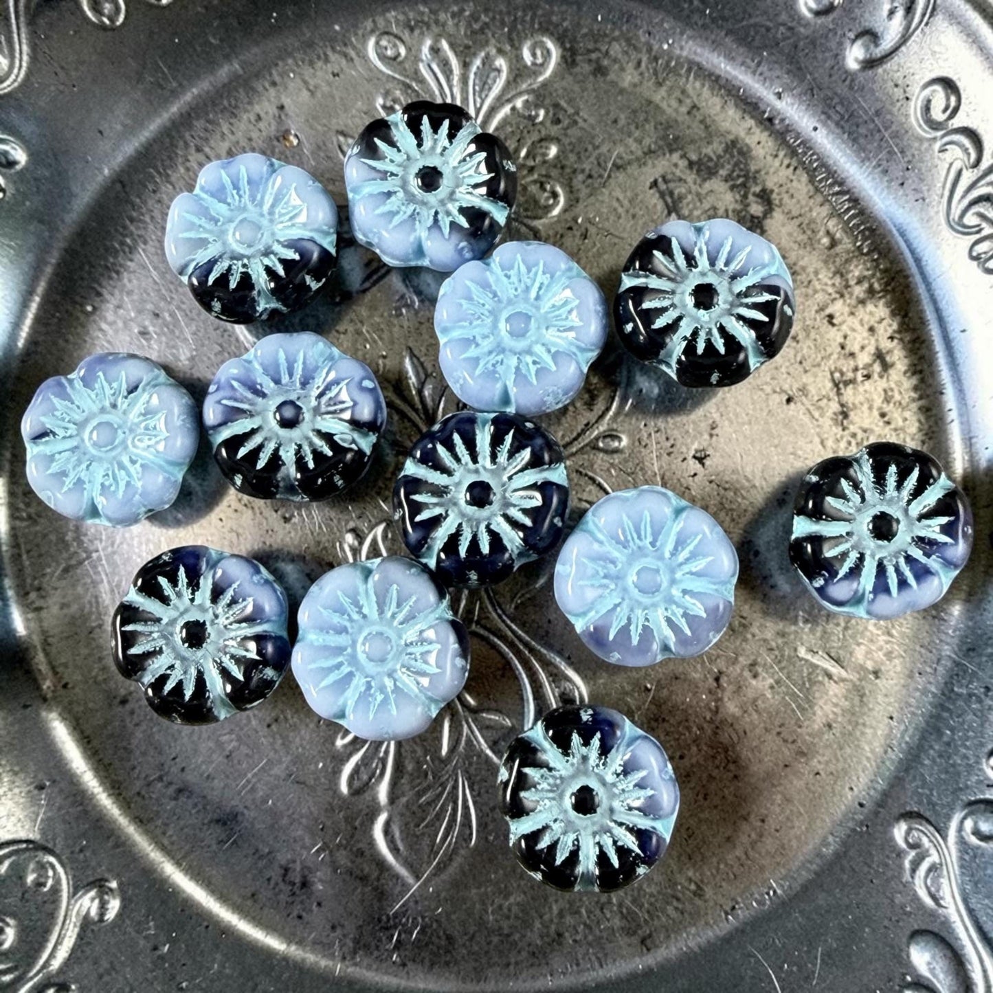 Czech Beads - 10mm Hibiscus, Light Blue and Black with Blue Wash (330133) * 20 Beads
