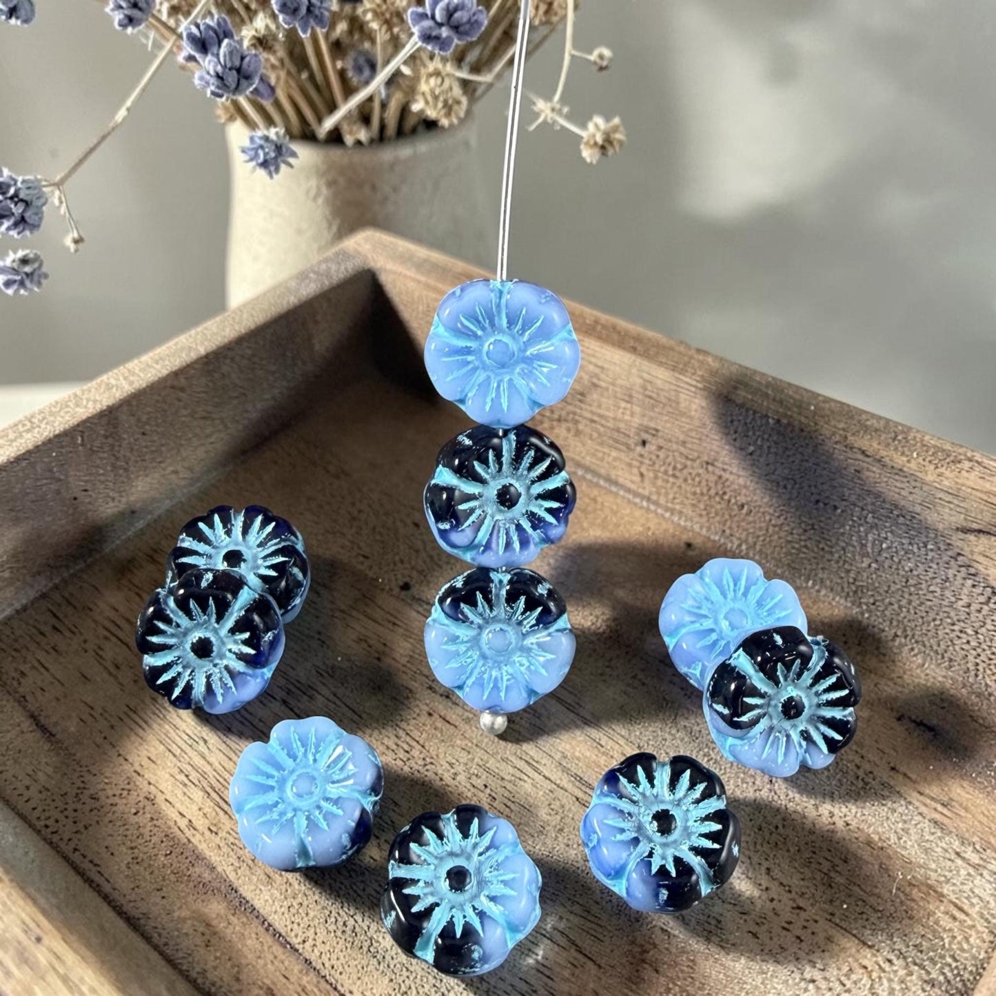 Czech Beads - 10mm Hibiscus, Light Blue and Black with Blue Wash (330133) * 20 Beads