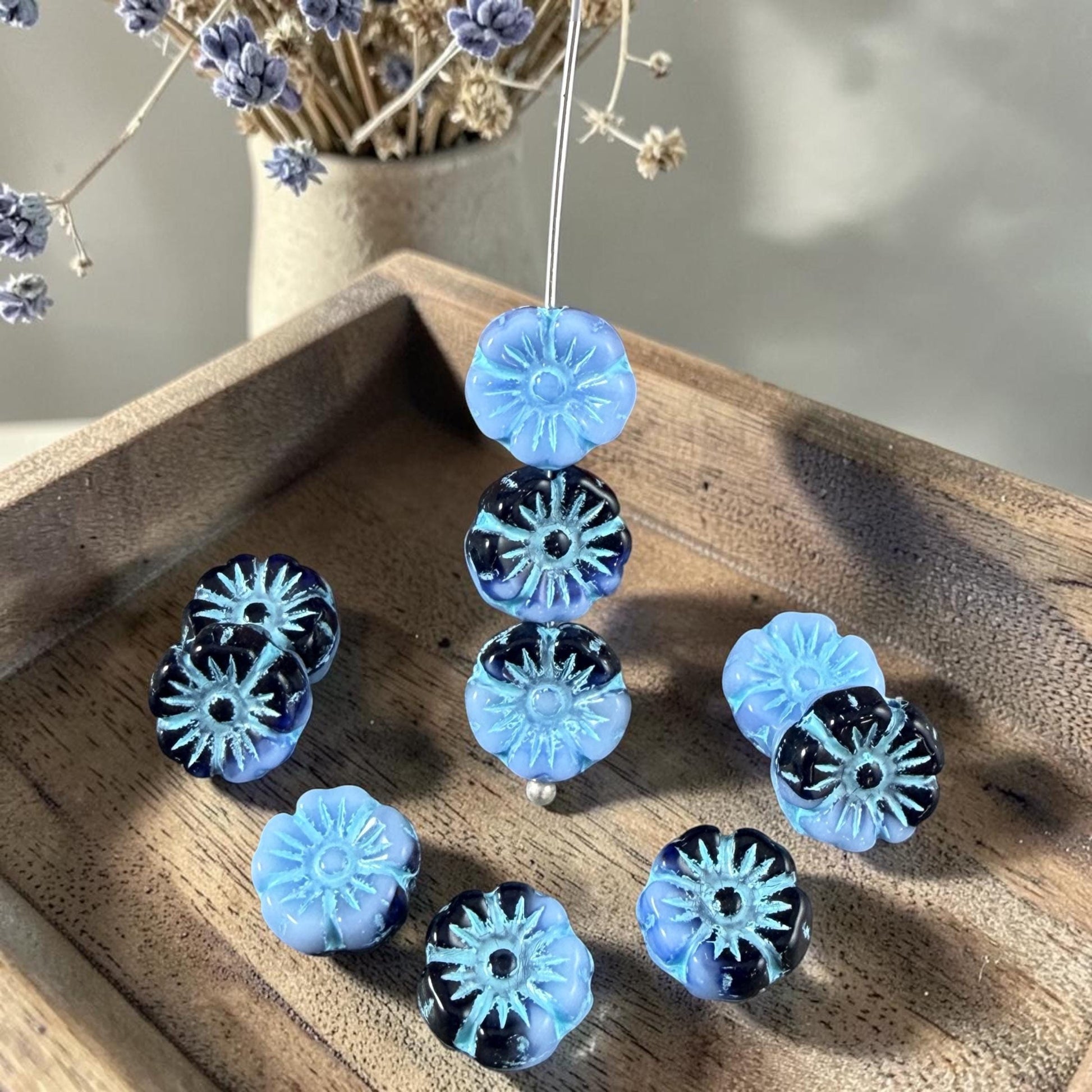 Czech Beads - 10mm Hibiscus, Light Blue and Black with Blue Wash (330133) * 20 Beads