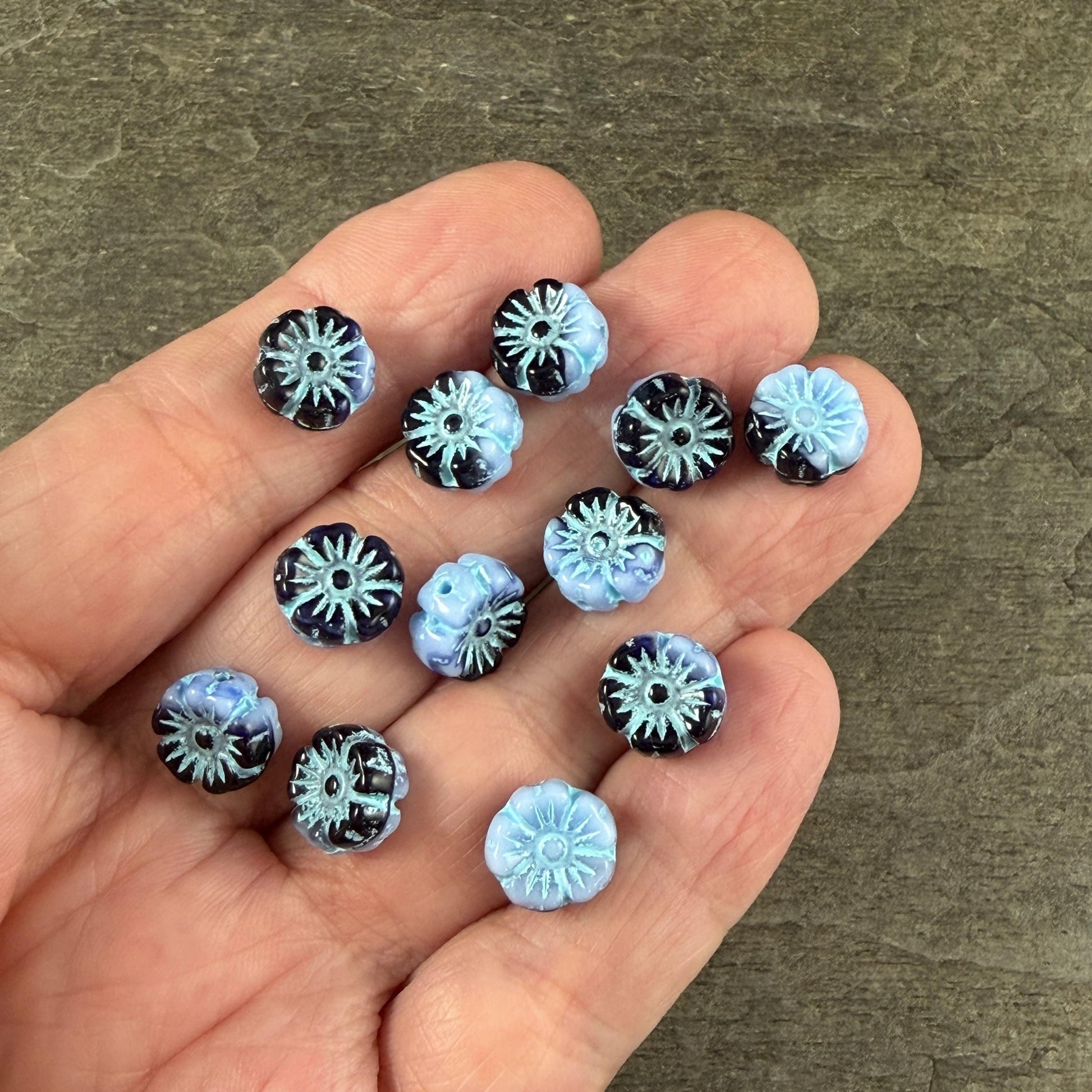 Czech Beads - 10mm Hibiscus, Light Blue and Black with Blue Wash (330133) * 20 Beads