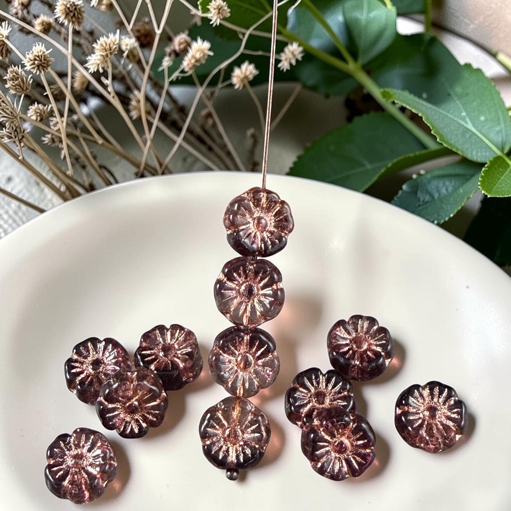 Czech Beads - 10mm Hibiscus, Dark Purple and Clear with Copper Wash (2002-54200) * 20 Beads