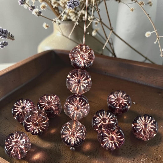 Czech Beads - 10mm Hibiscus, Dark Purple and Clear with Copper Wash (2002-54200) * 20 Beads