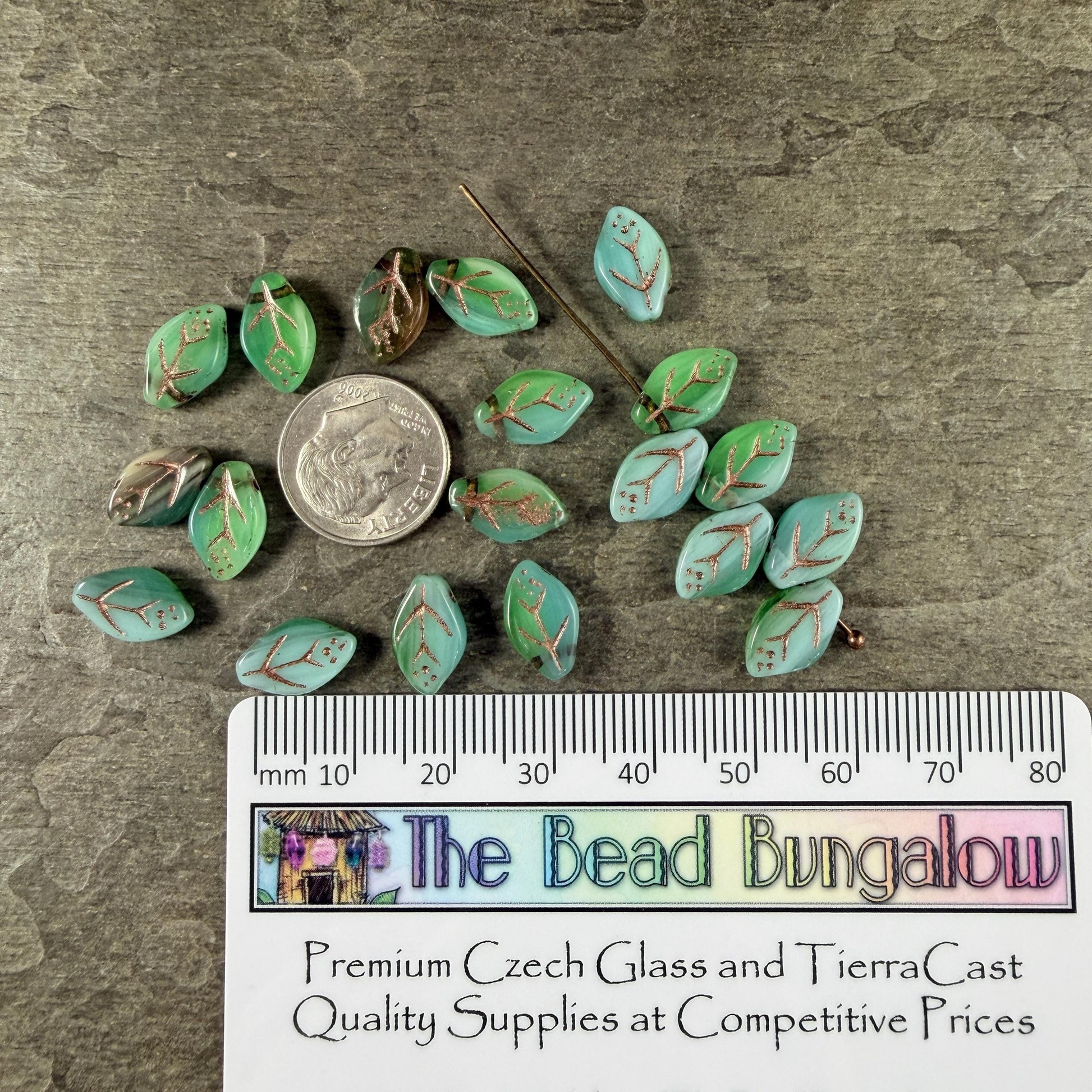 Czech Glass Beads - 8x12mm Briolette Style Leaf, Light Blue and Green (ApLeaf18) * 25 Beads