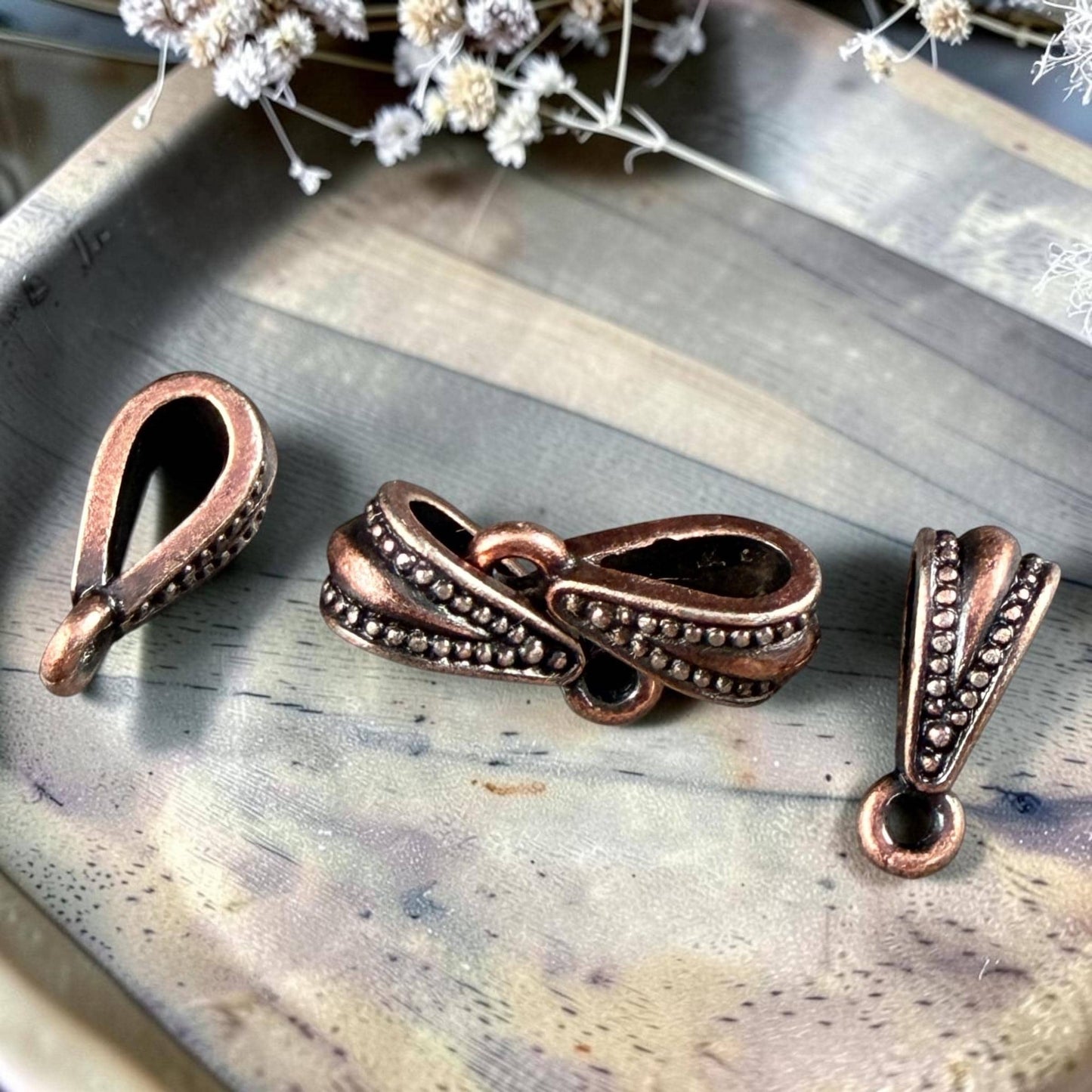 TierraCast Royal Bail, 13mm Classic Bail with Loop, Antiqued Copper Plated Pewter (PF/803-87) * Qty. 4