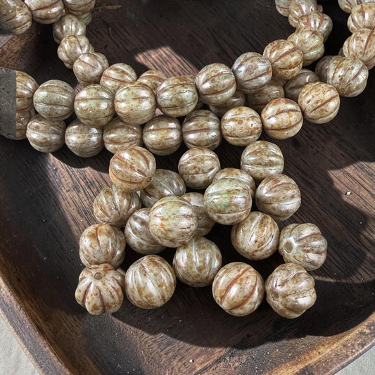 Czech Glass - 8mm Melon, Beige Alabaster with Picasso (2010/15657) * 20 Beads
