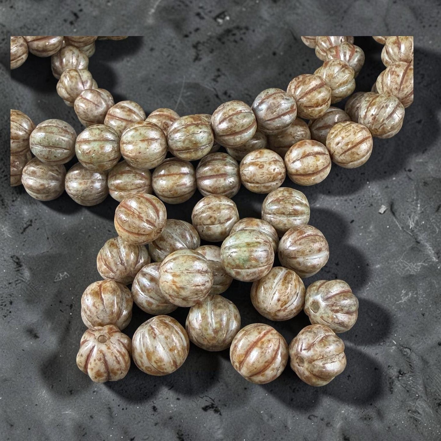 Czech Glass - 8mm Melon, Beige Alabaster with Picasso (2010/15657) * 20 Beads