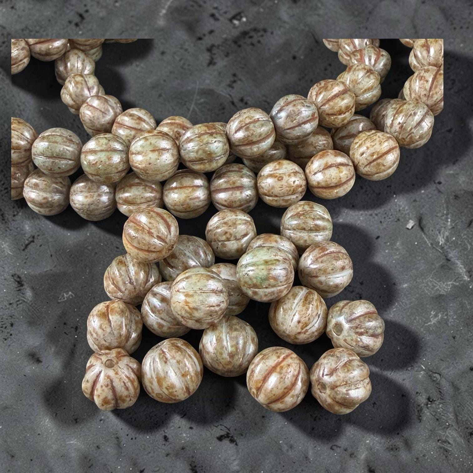 Czech Glass - 8mm Melon, Beige Alabaster with Picasso (2010/15657) * 20 Beads