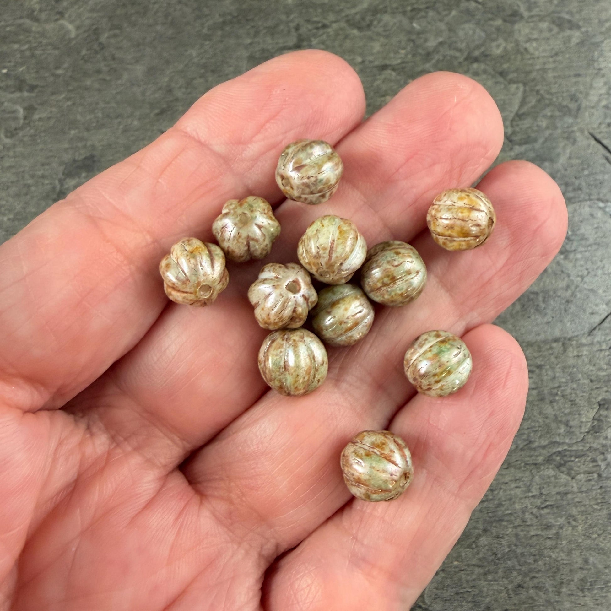 Czech Glass - 8mm Melon, Beige Alabaster with Picasso (2010/15657) * 20 Beads