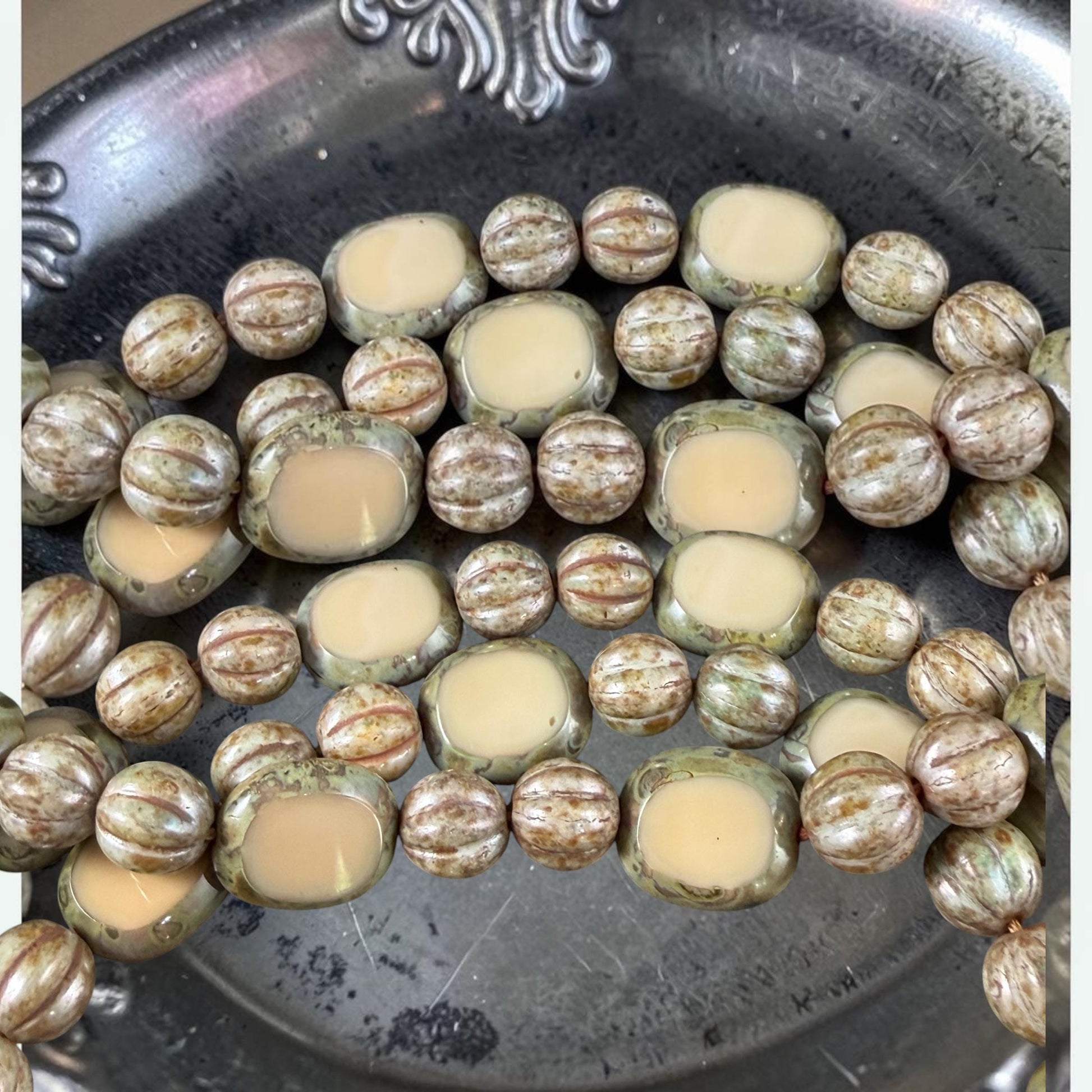 Czech Glass - Round Melon and Table-cut Oval, Beige Alabaster Picasso (BBEM/722.1) * 18 Beads