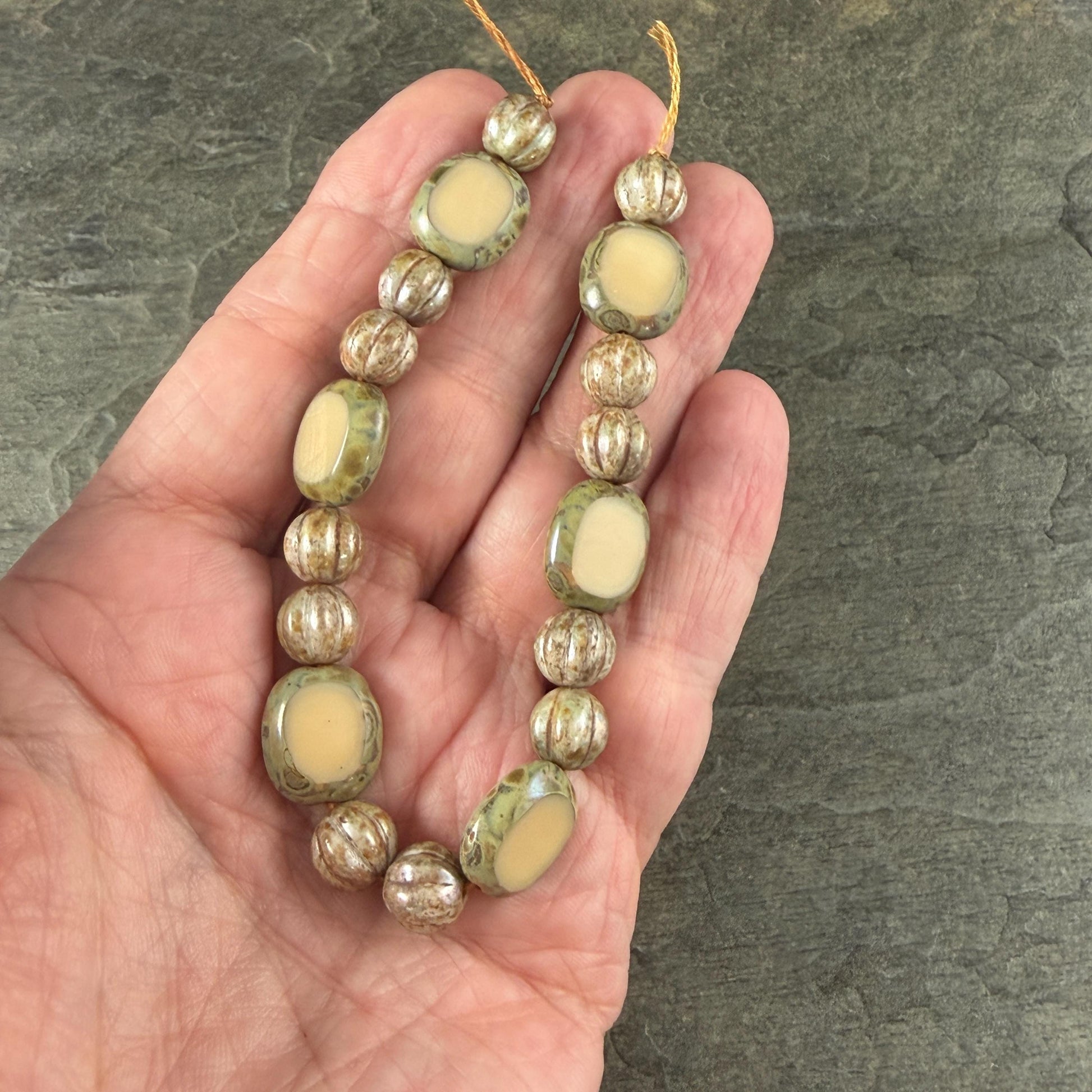 Czech Glass - Round Melon and Table-cut Oval, Beige Alabaster Picasso (BBEM/722.1) * 18 Beads