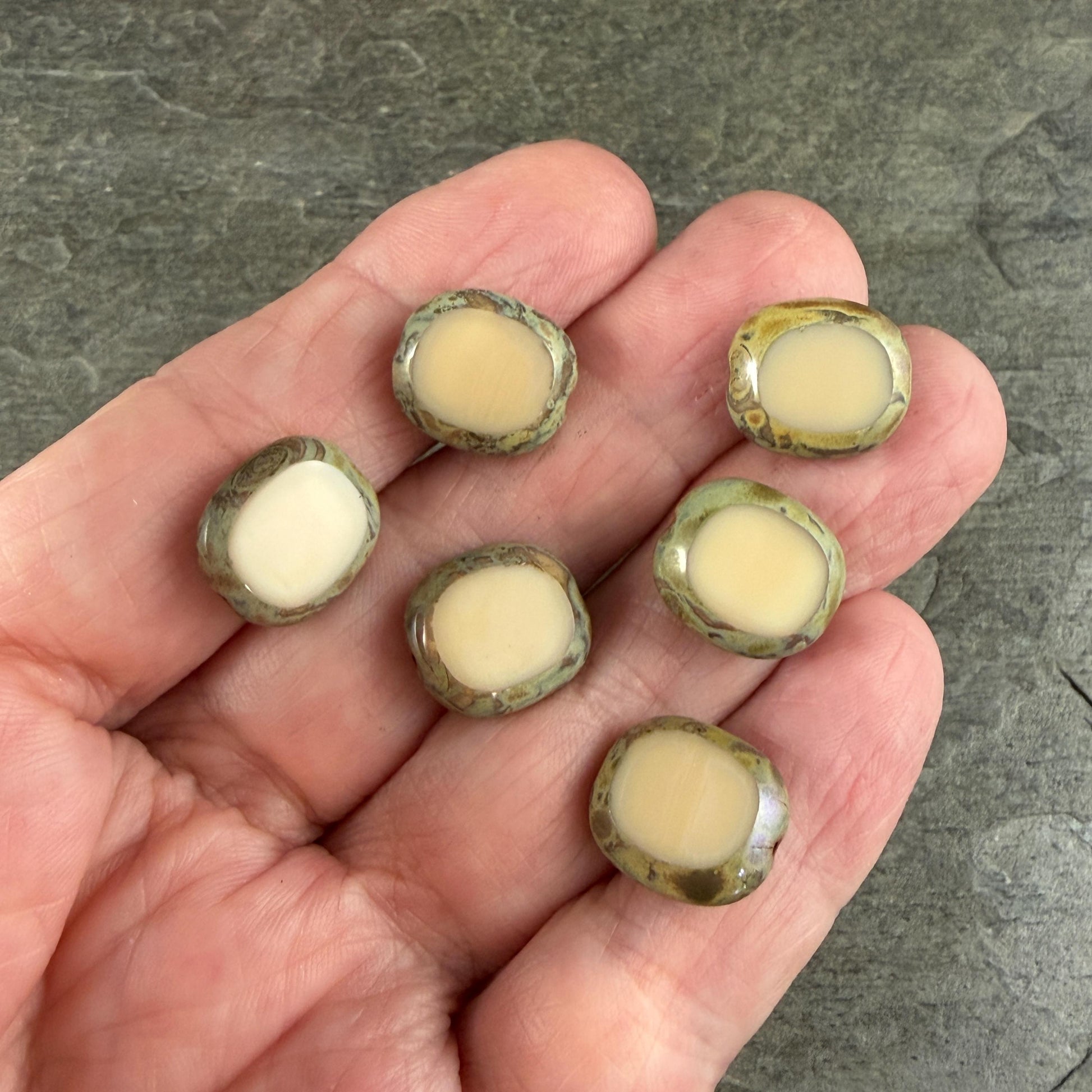 Czech Glass - 14x12mm Table-Cut Oval, Beige Picasso (13020/43500) * 6 Beads