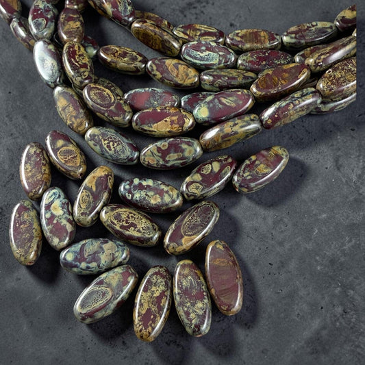 Czech Glass Beads - 13x6mm Marquise Spindle, Oxblood Red Picasso (30460) * 25 Beads