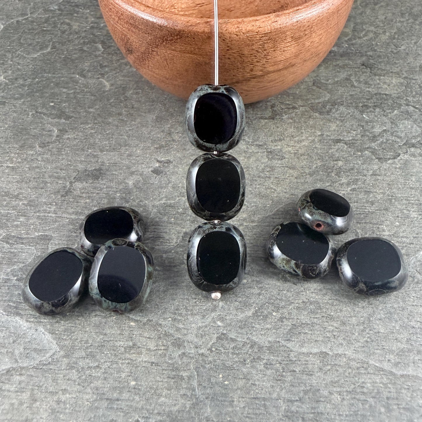 Czech Glass - 14x12mm Table-Cut Oval, Black Picasso (23980/86800) * 6 Beads