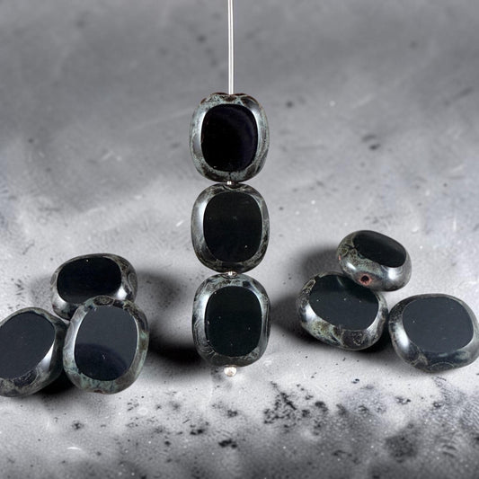 Czech Glass - 14x12mm Table-Cut Oval, Black Picasso (23980/86800) * 6 Beads