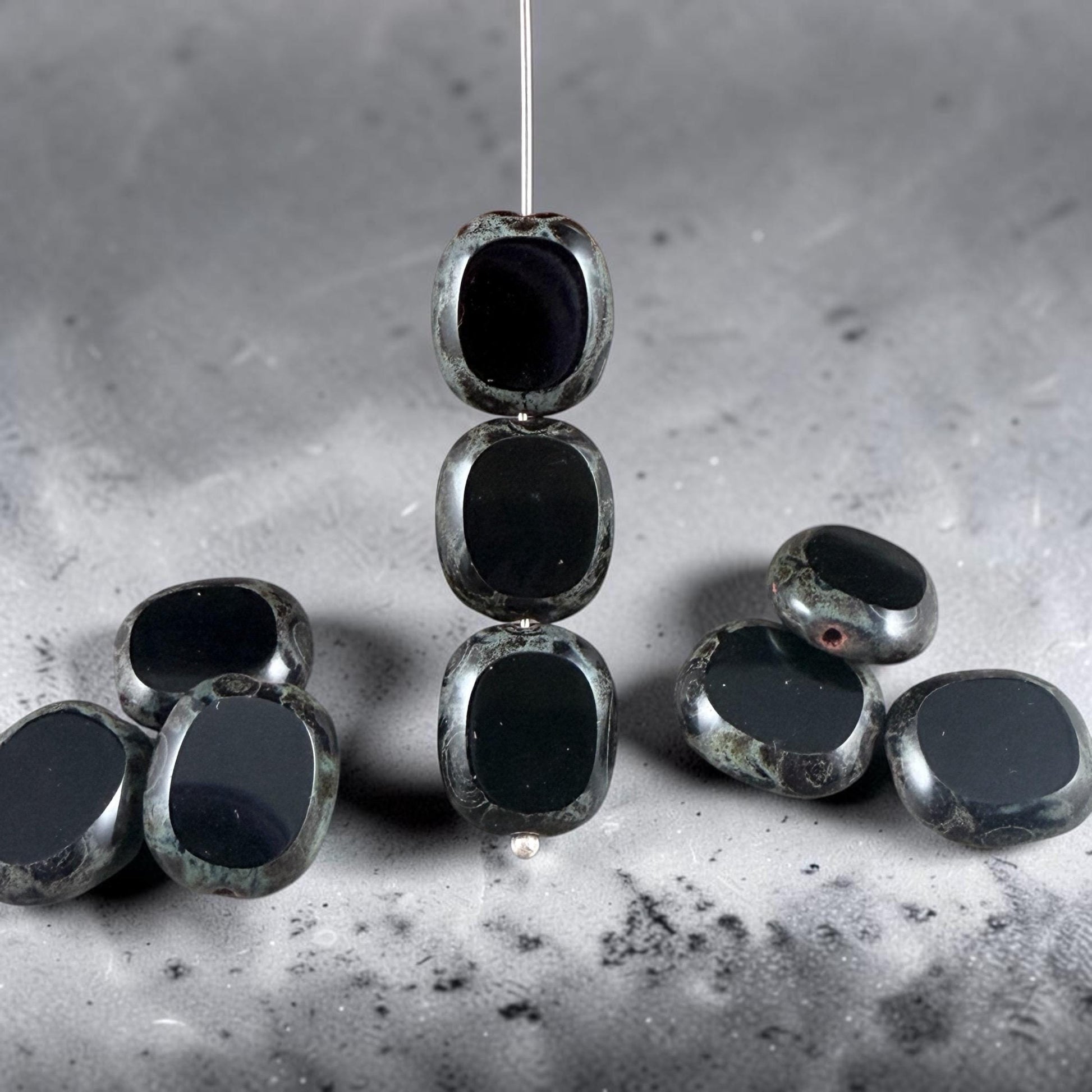 Czech Glass - 14x12mm Table-Cut Oval, Black Picasso (23980/86800) * 6 Beads