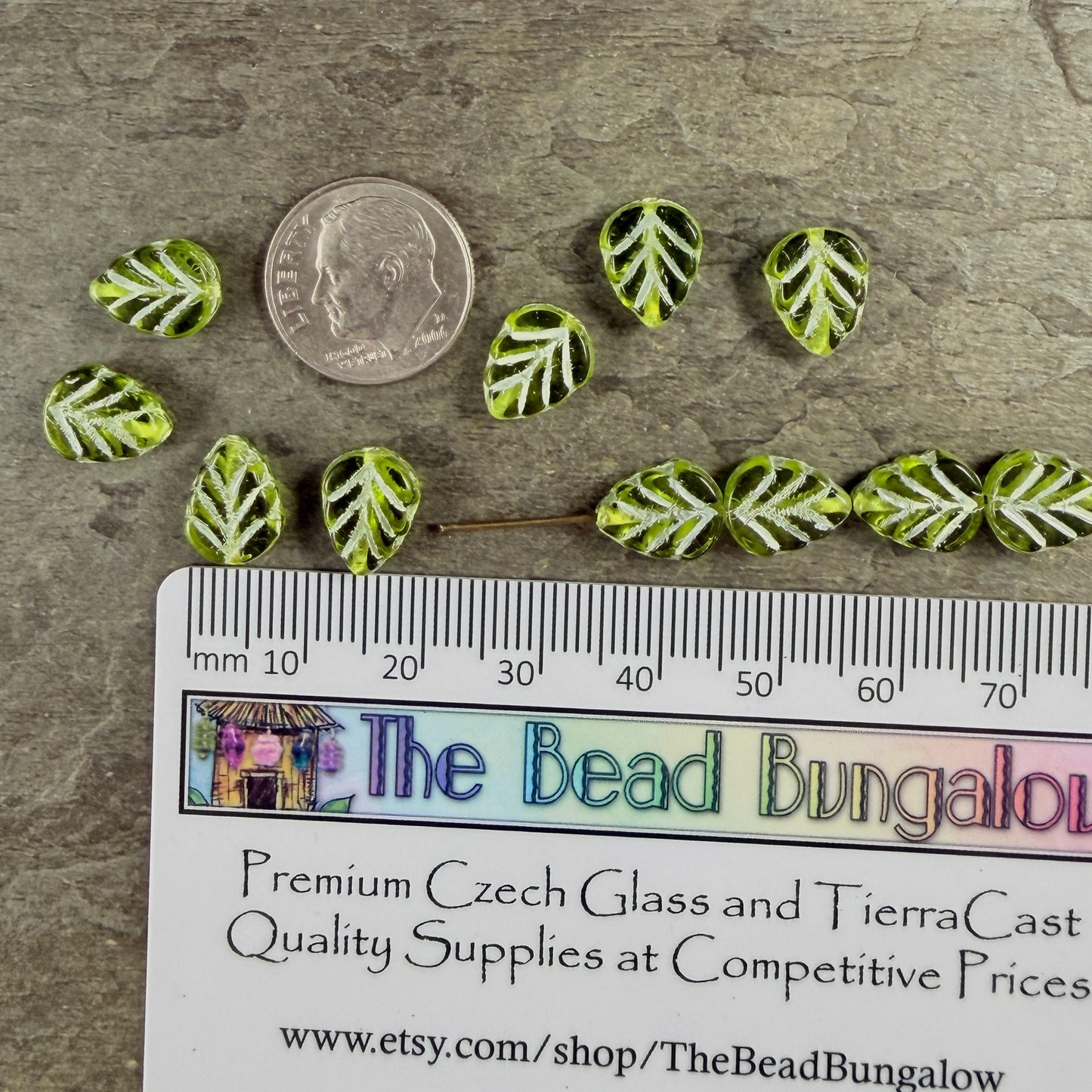 Czech Glass Beads, Transparent Peridot Green 10x8mm Mint Leaf with White Wash (50200/54311) * Qty. 16