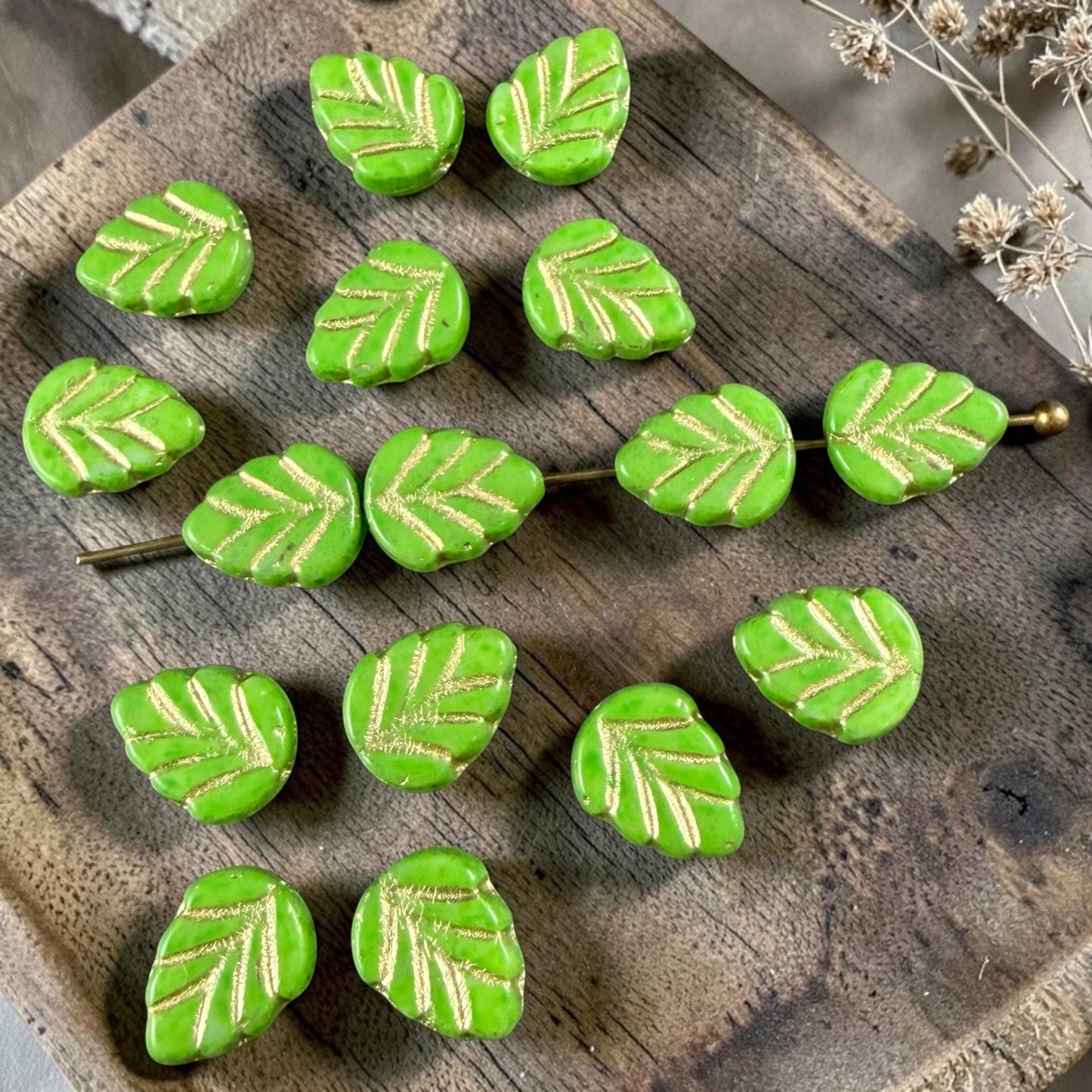 Czech Glass Beads, Lime Green 10x8mm Mint Leaf with Gold Wash (33311/54202) * Qty. 16