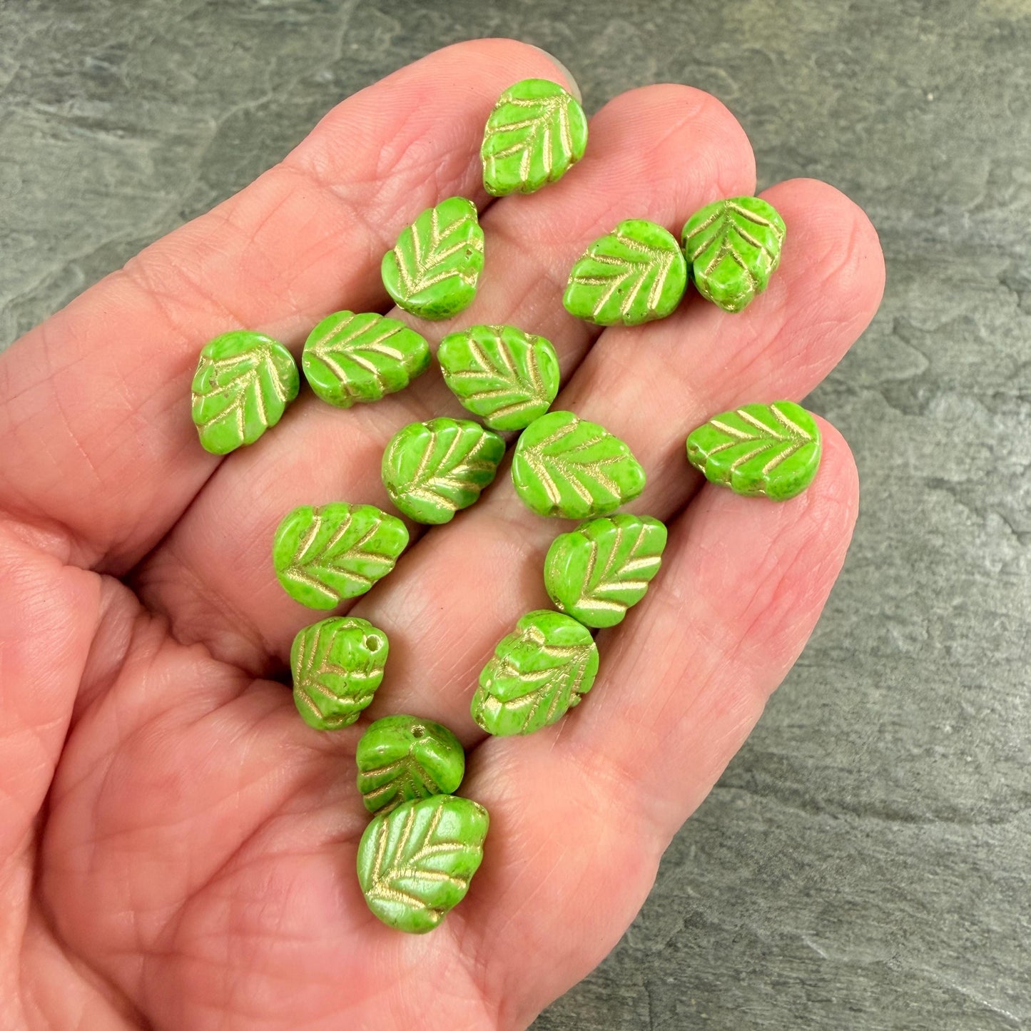 Czech Glass Beads, Lime Green 10x8mm Mint Leaf with Gold Wash (33311/54202) * Qty. 16