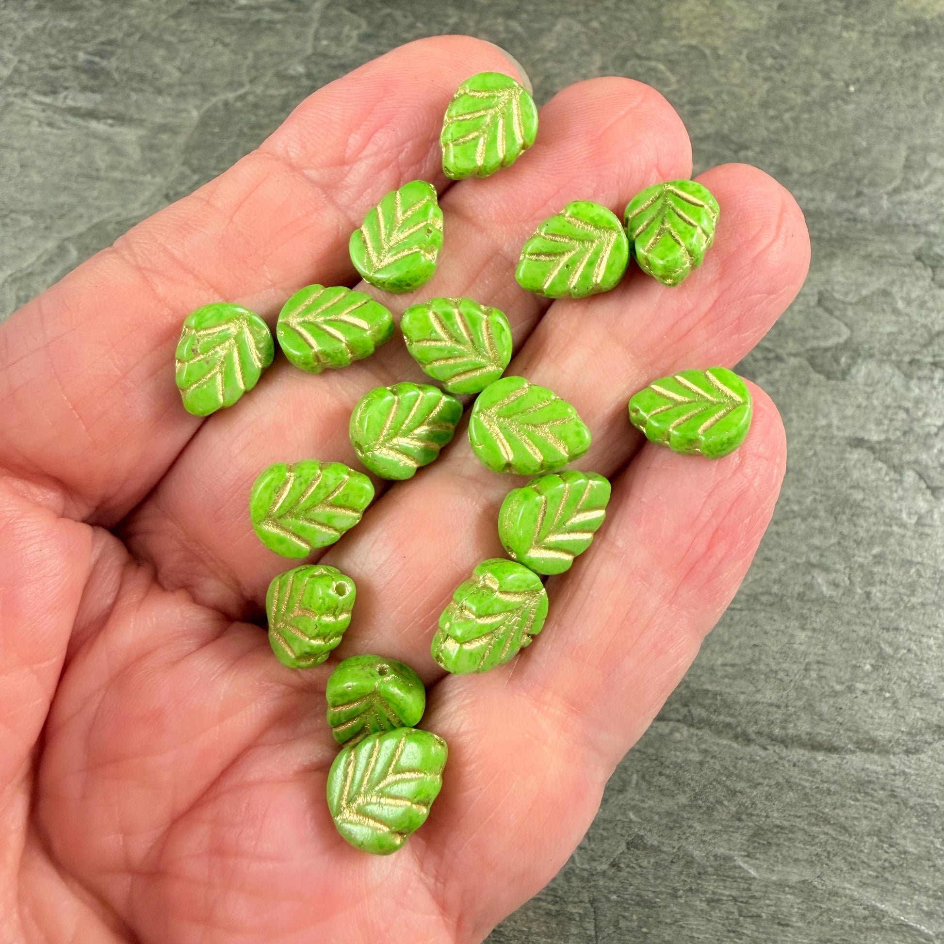 Czech Glass Beads, Lime Green 10x8mm Mint Leaf with Gold Wash (33311/54202) * Qty. 16
