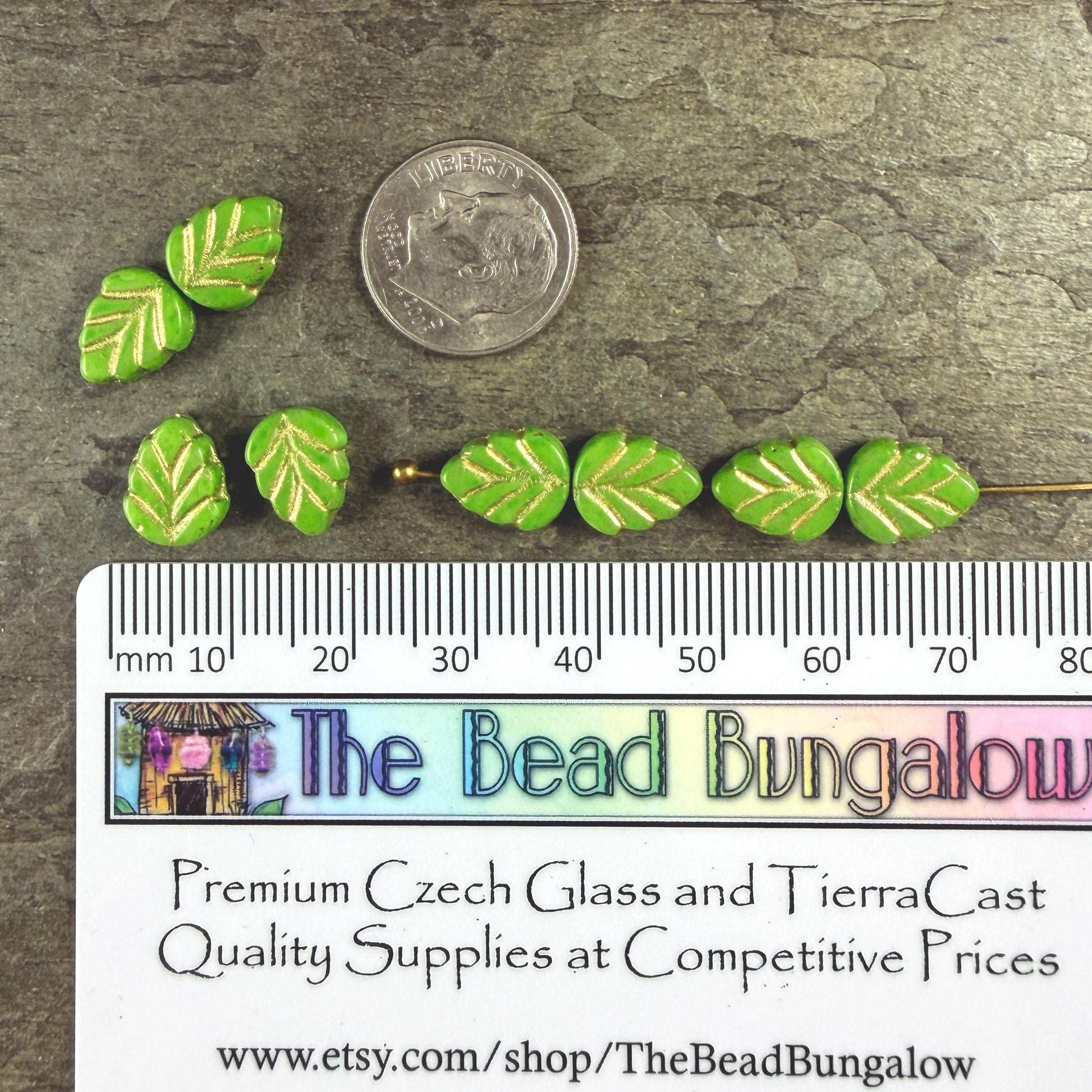 Czech Glass Beads, Lime Green 10x8mm Mint Leaf with Gold Wash (33311/54202) * Qty. 16
