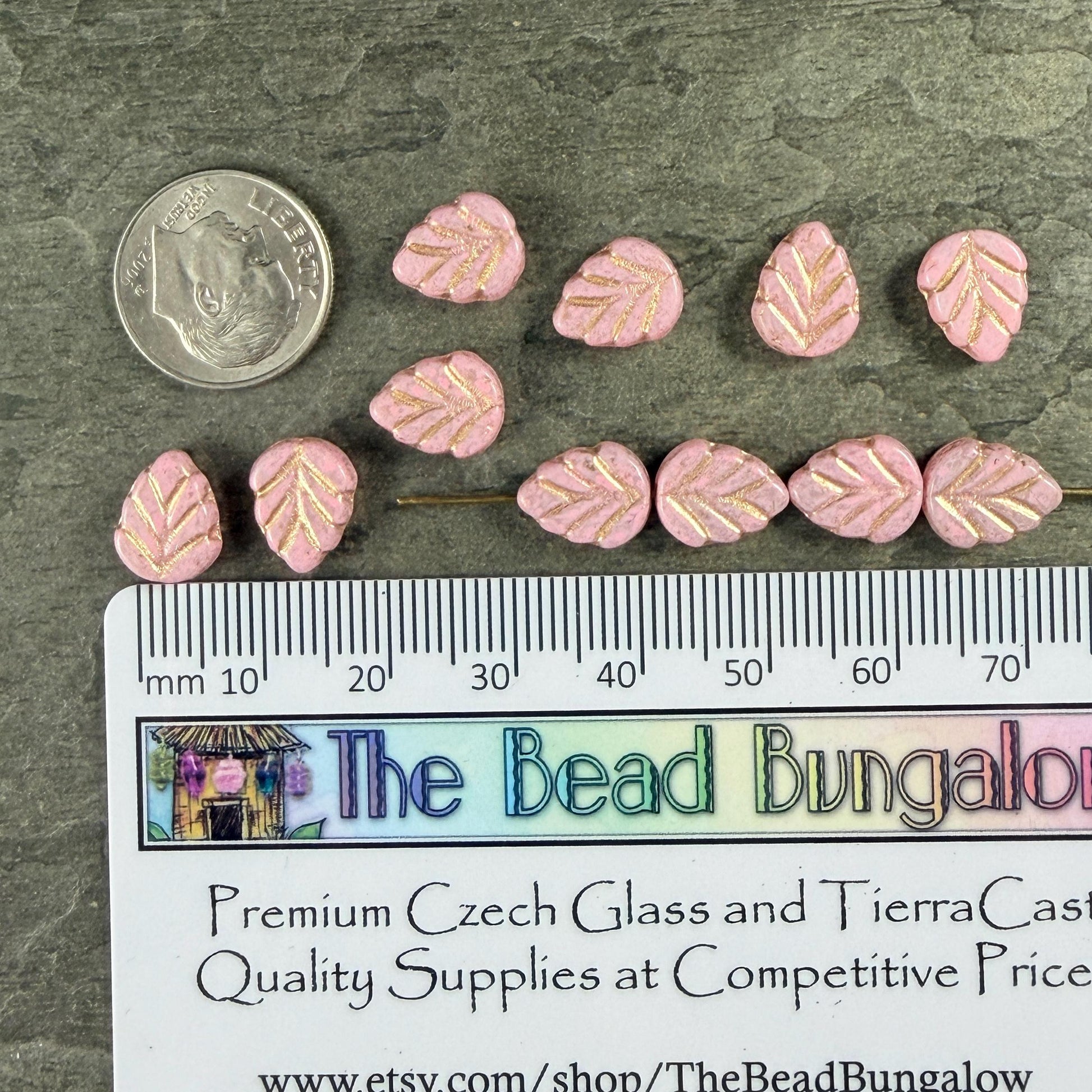 Czech Glass Beads, Pastel Pink 10x8mm Mint Leaf with Gold Wash (33304/54202) * Qty. 16